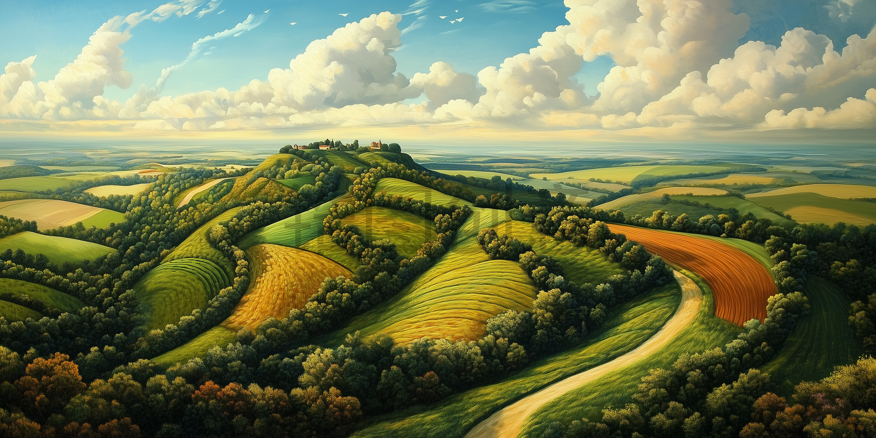 定设网-田园风景山坡插画图背景素材