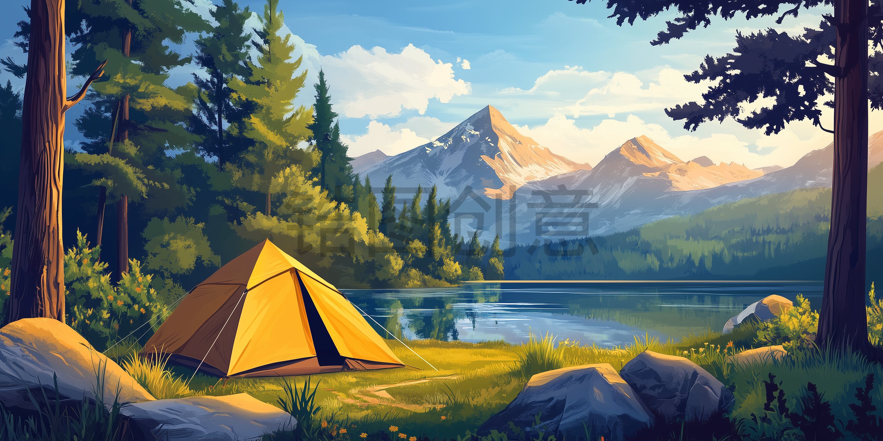 定设网-户外帐篷露营山水风光插画背景