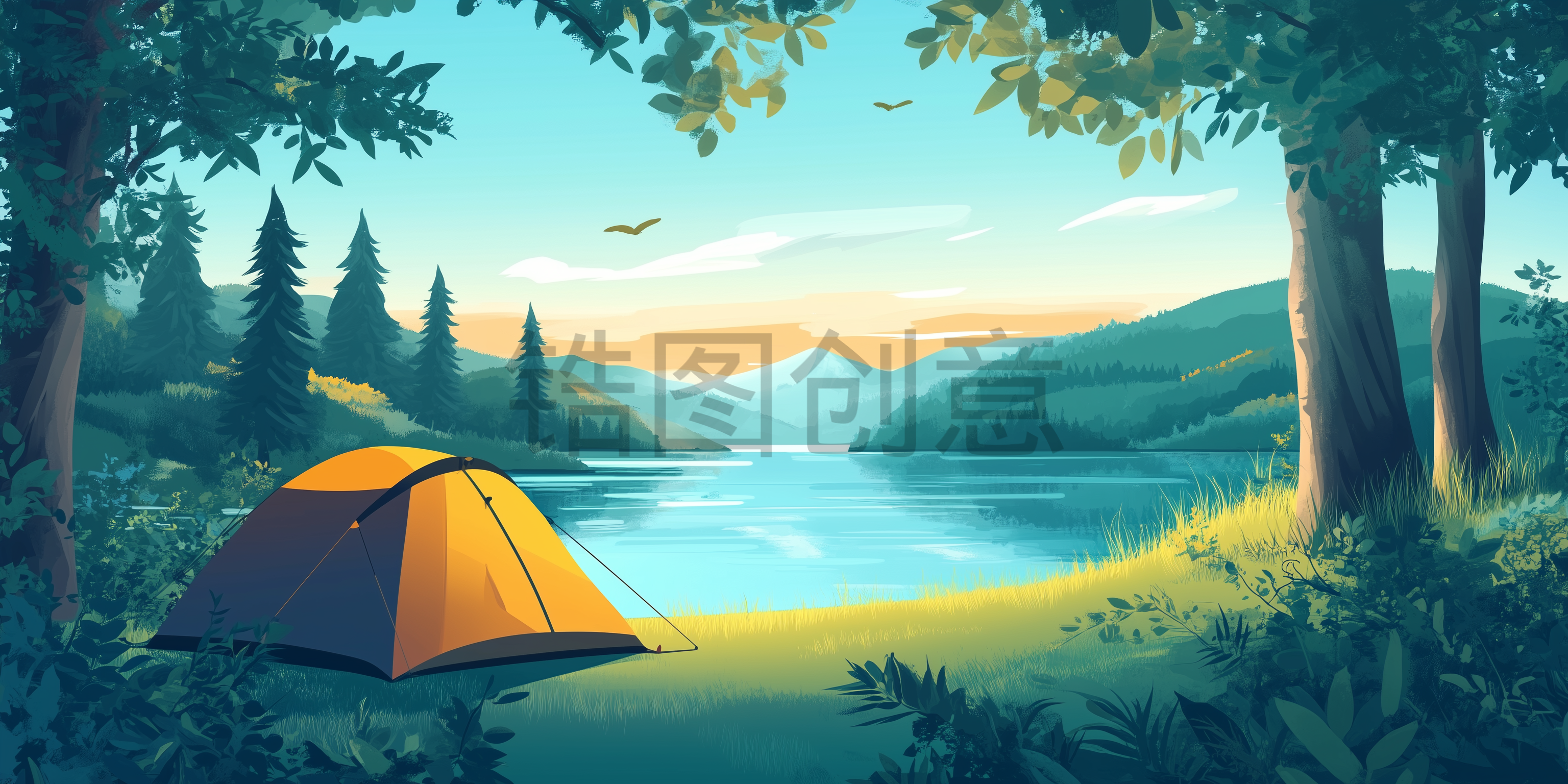 定设网-户外帐篷露营山水风光插画背景