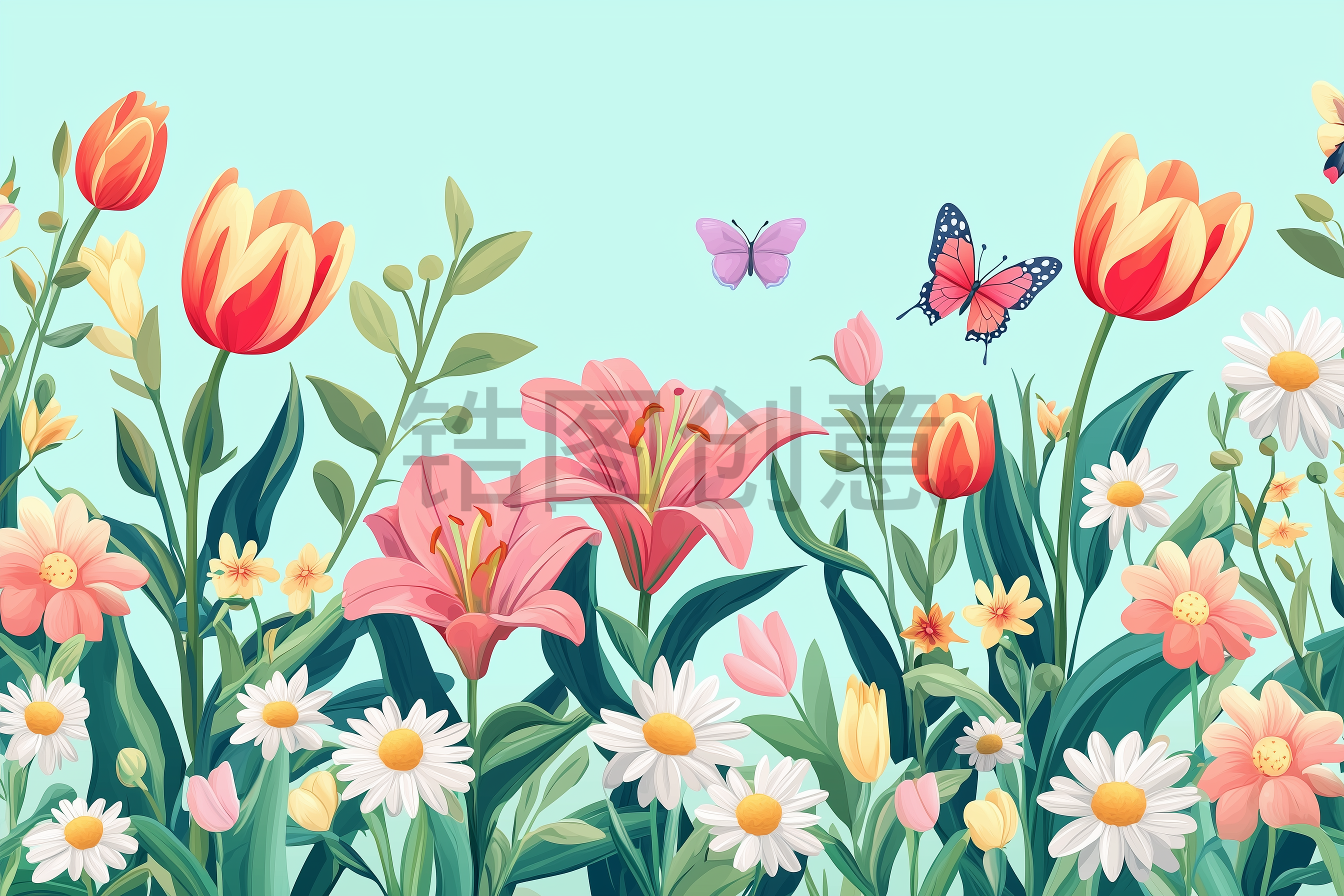 定设网-春季花卉和蝴蝶平面插图