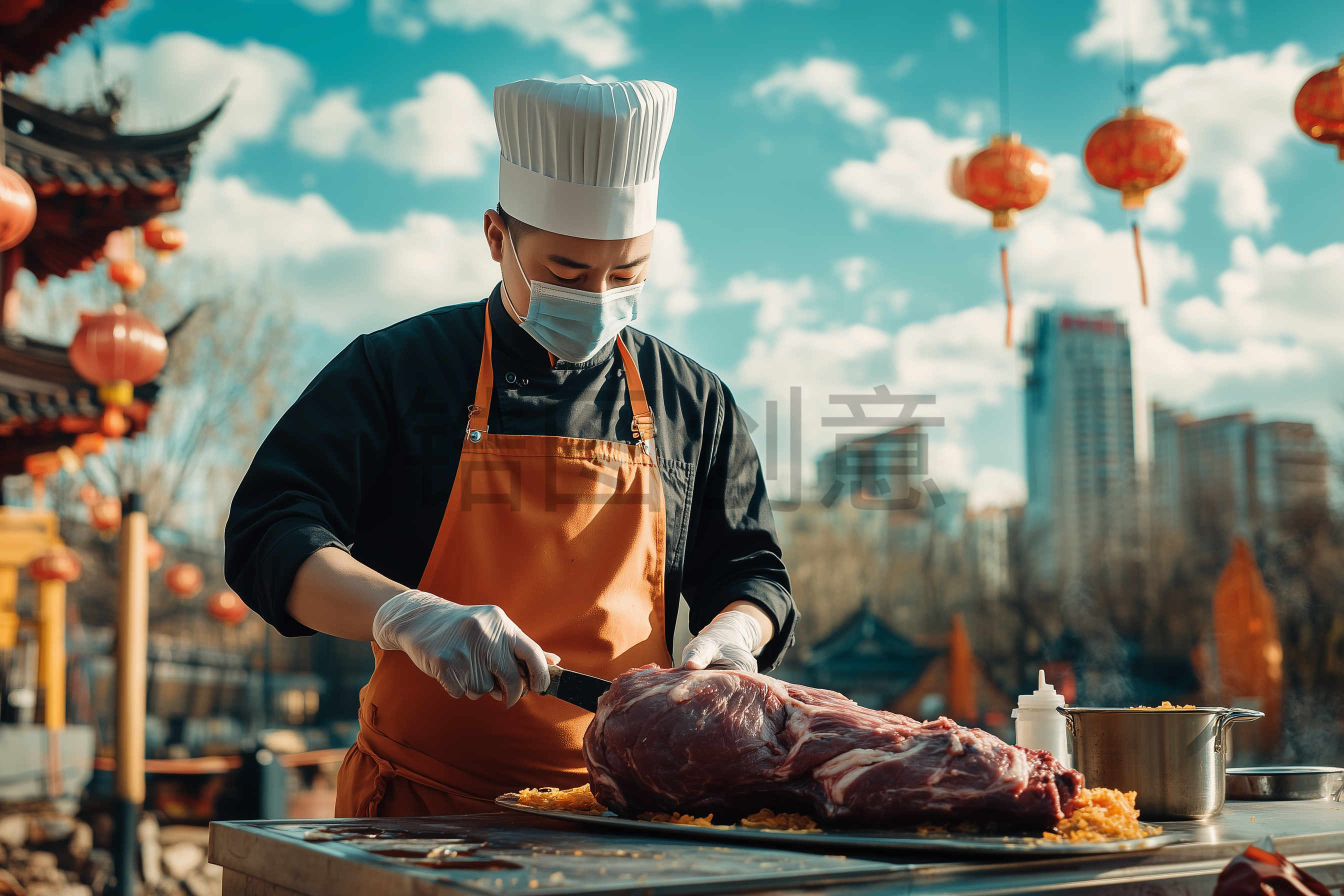 定设网-厨师宰切肉类写实场景