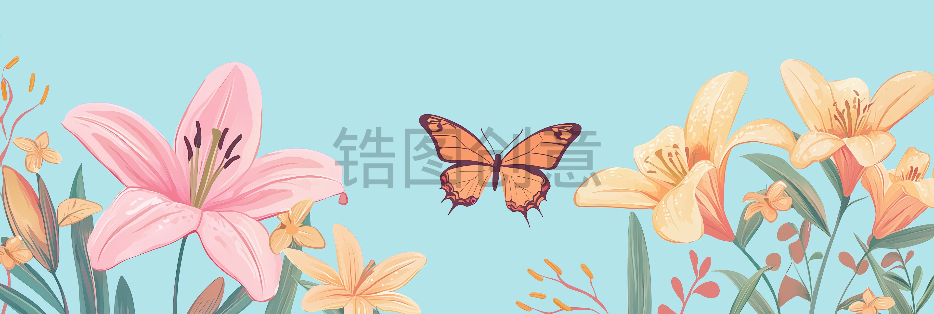 定设网-春季花卉和蝴蝶平面插图
