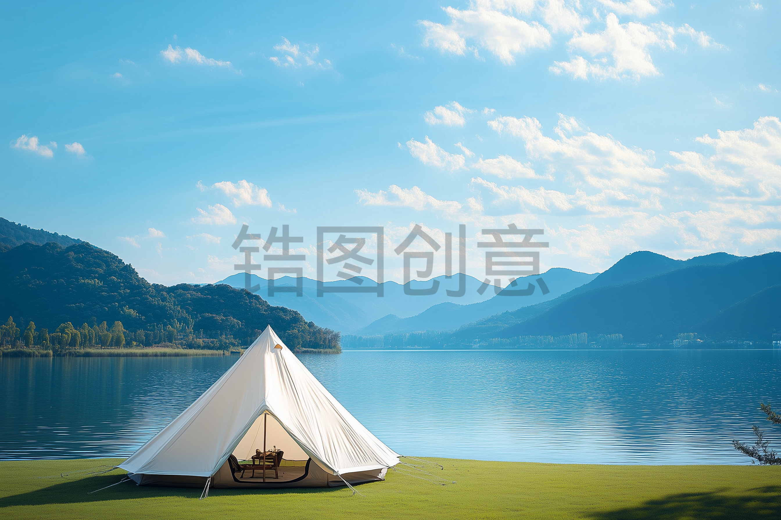 定设网-户外湖边露营写实素材