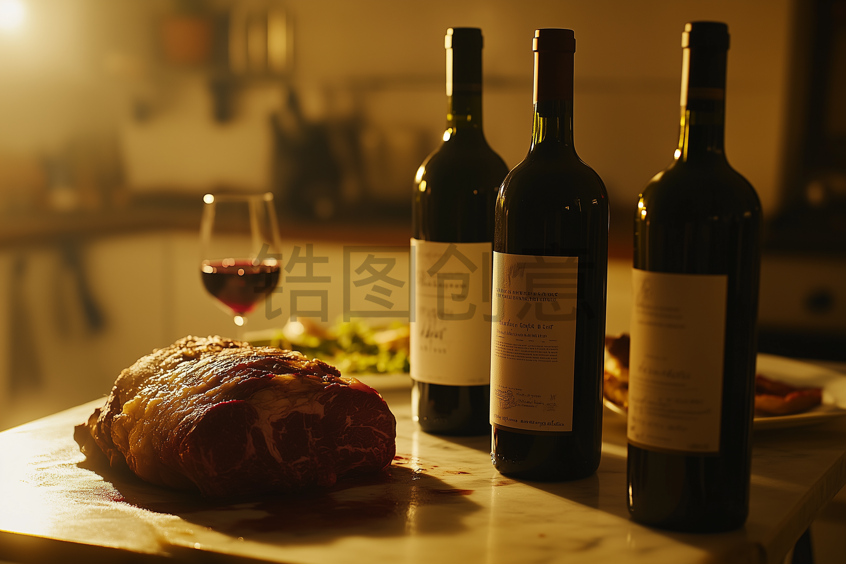 定设网-桌子上美食红酒牛肉腿写实场景