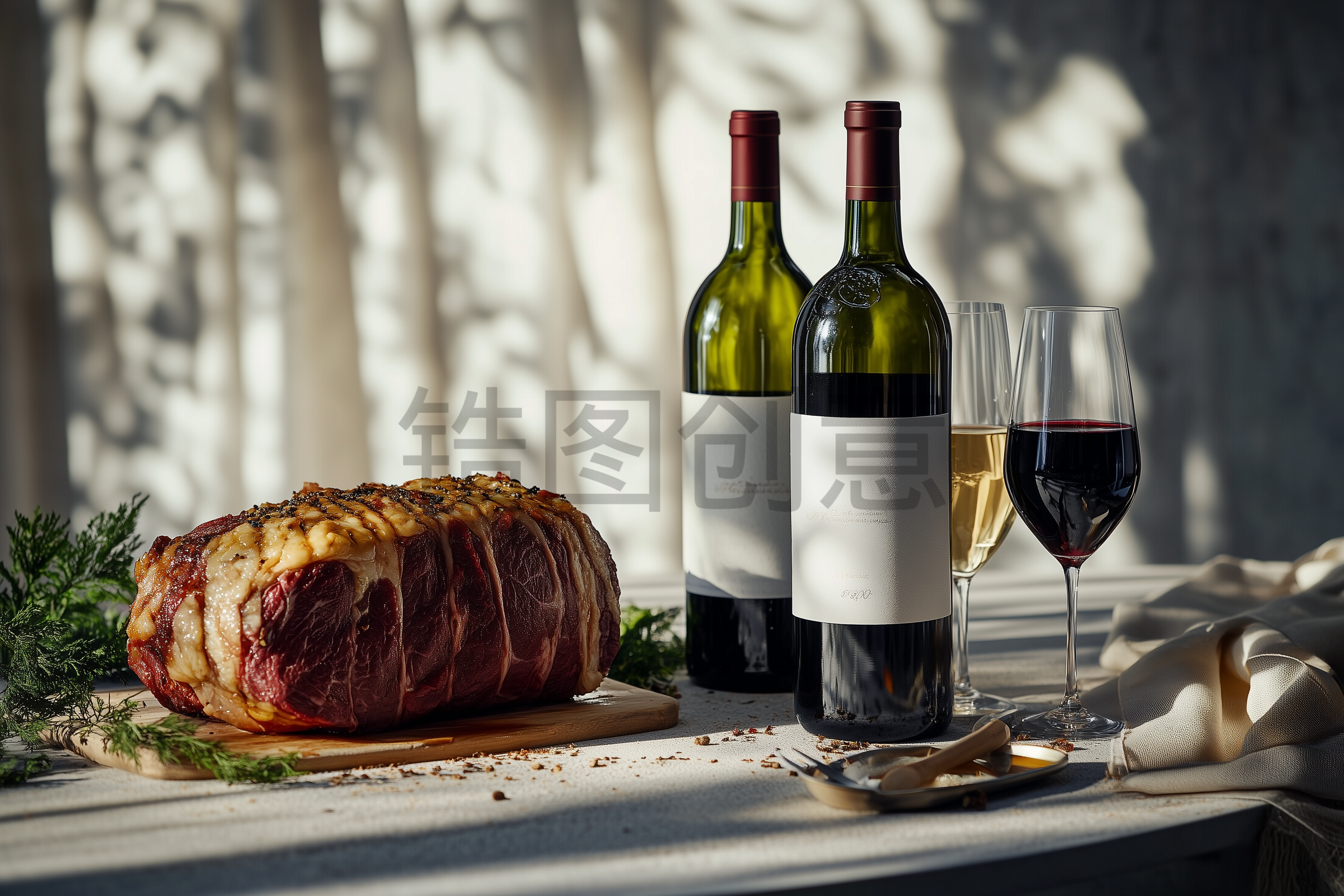 定设网-桌子上美食红酒牛肉腿写实场景