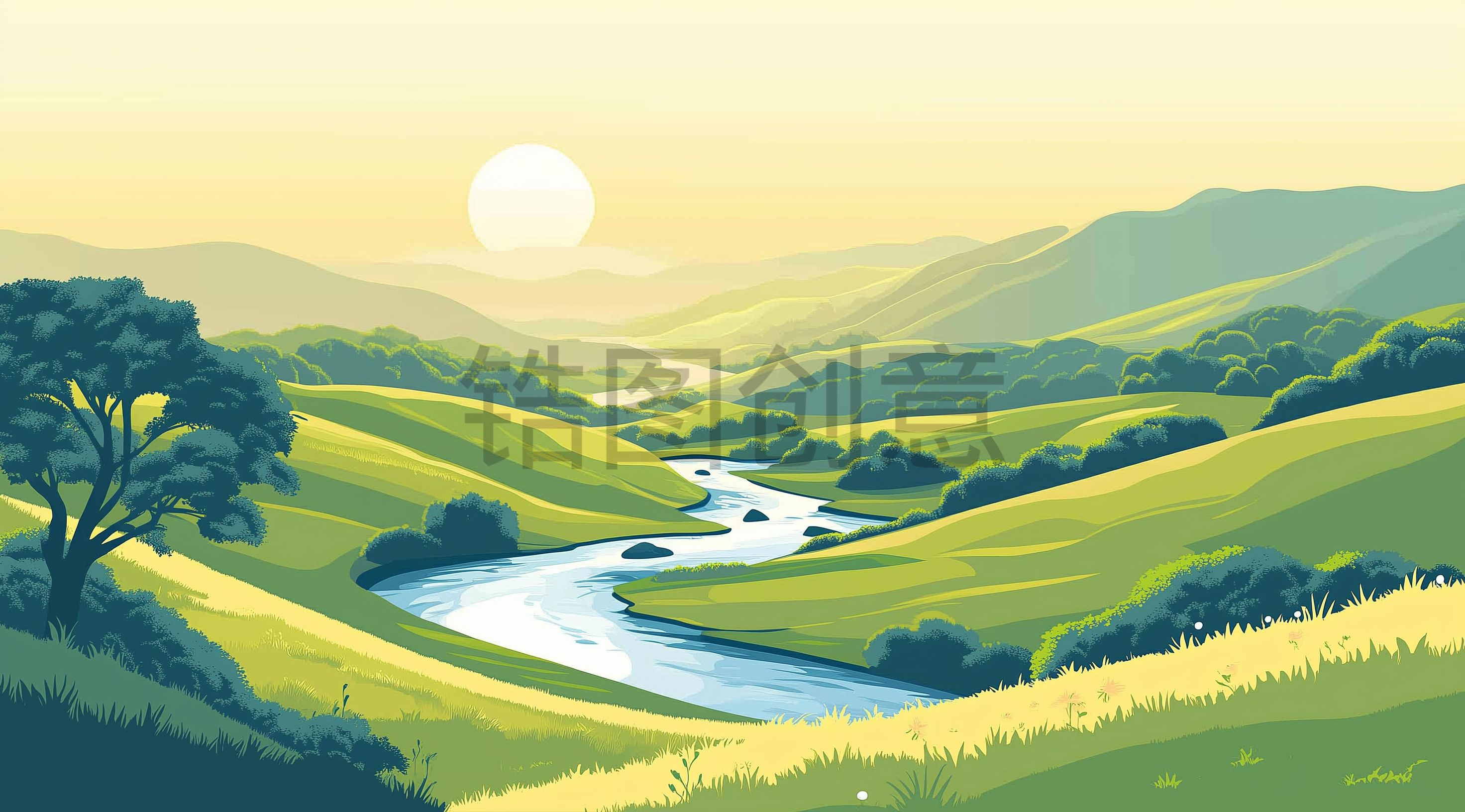 定设网-绿色抽象野外小溪河流草地山坡自然风景插图风格素材