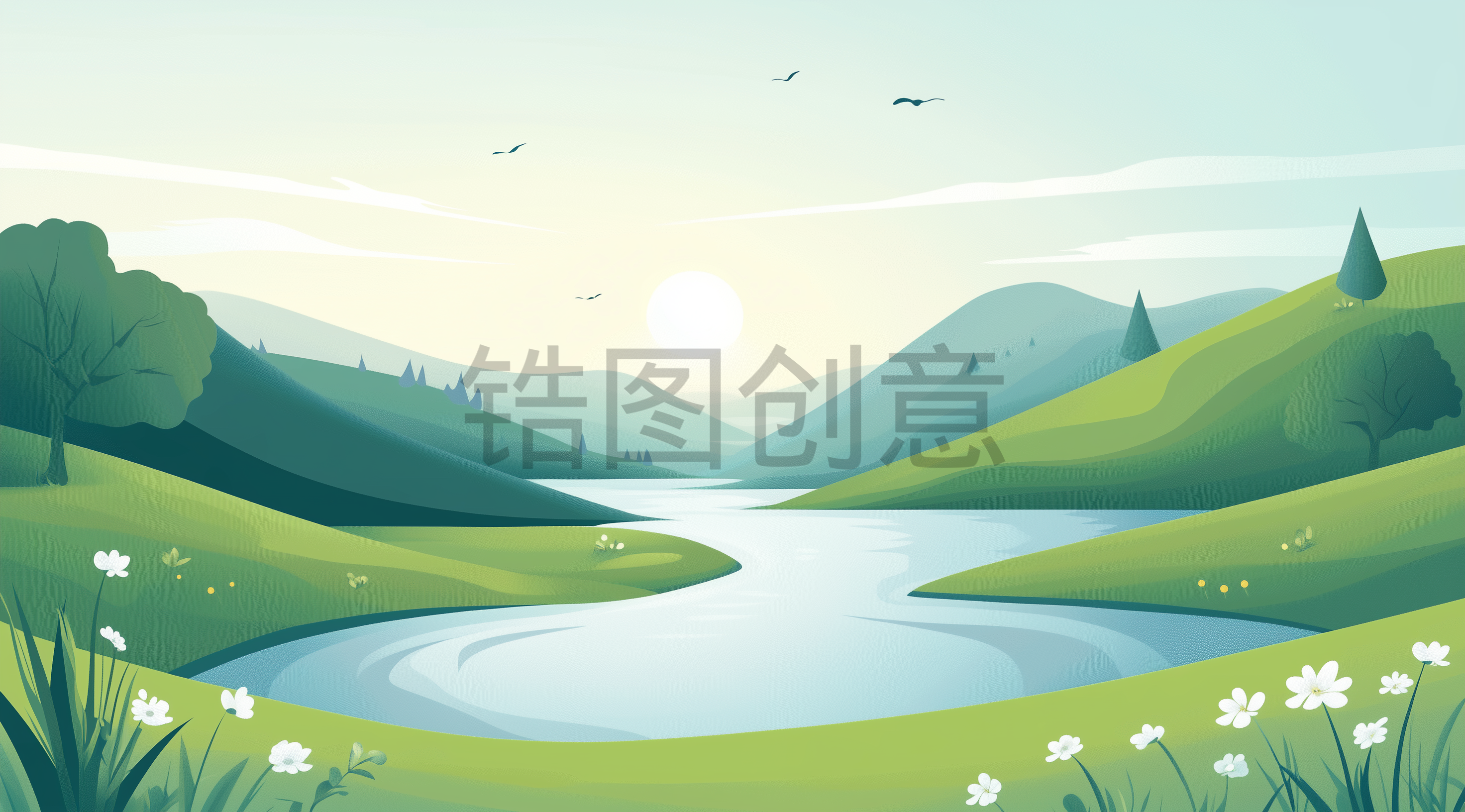 定设网-绿色抽象野外小溪河流草地山坡自然风景插图风格素材