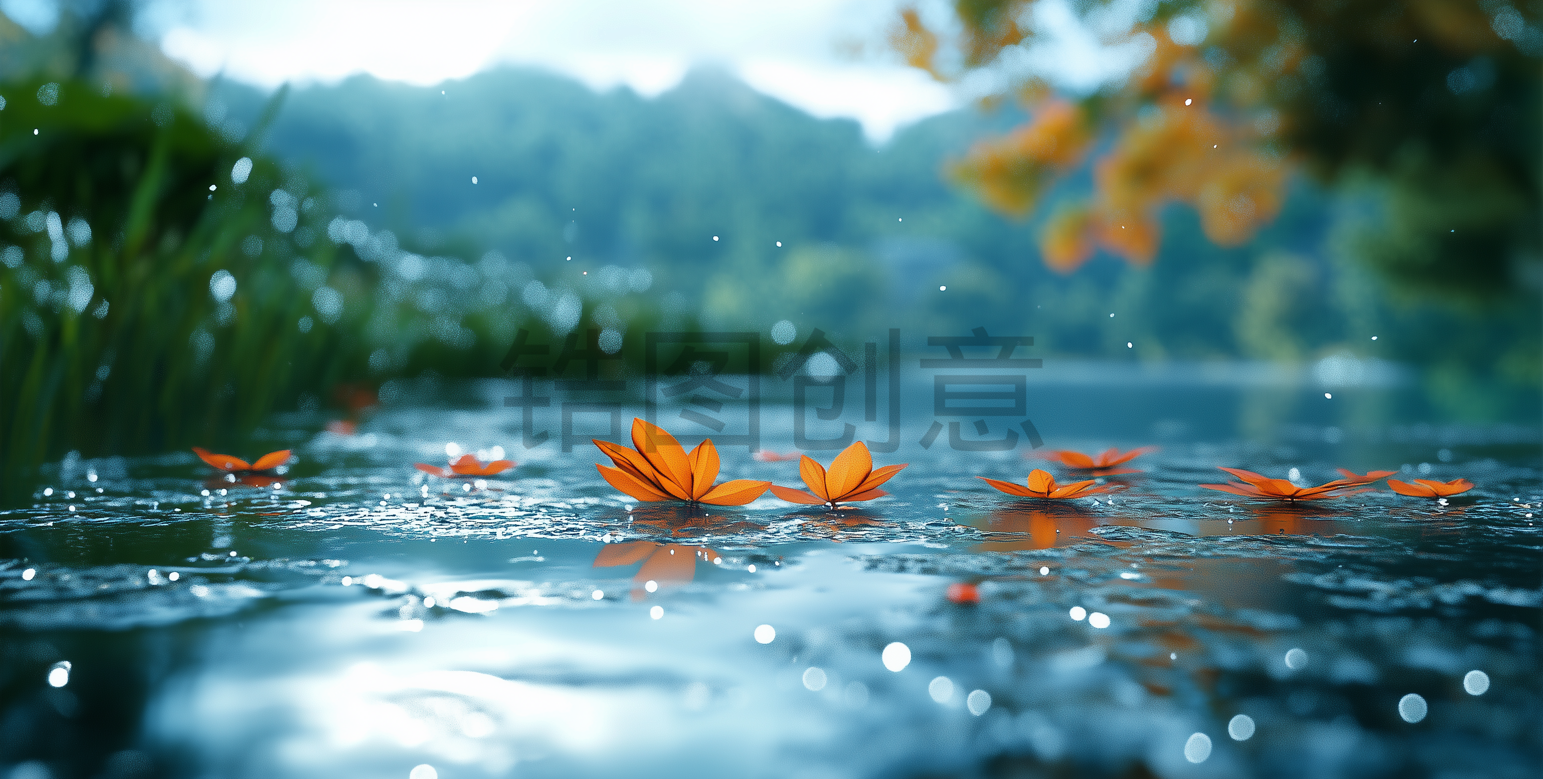 定设网-数字AI自然风光雨后黄色落叶特写素材