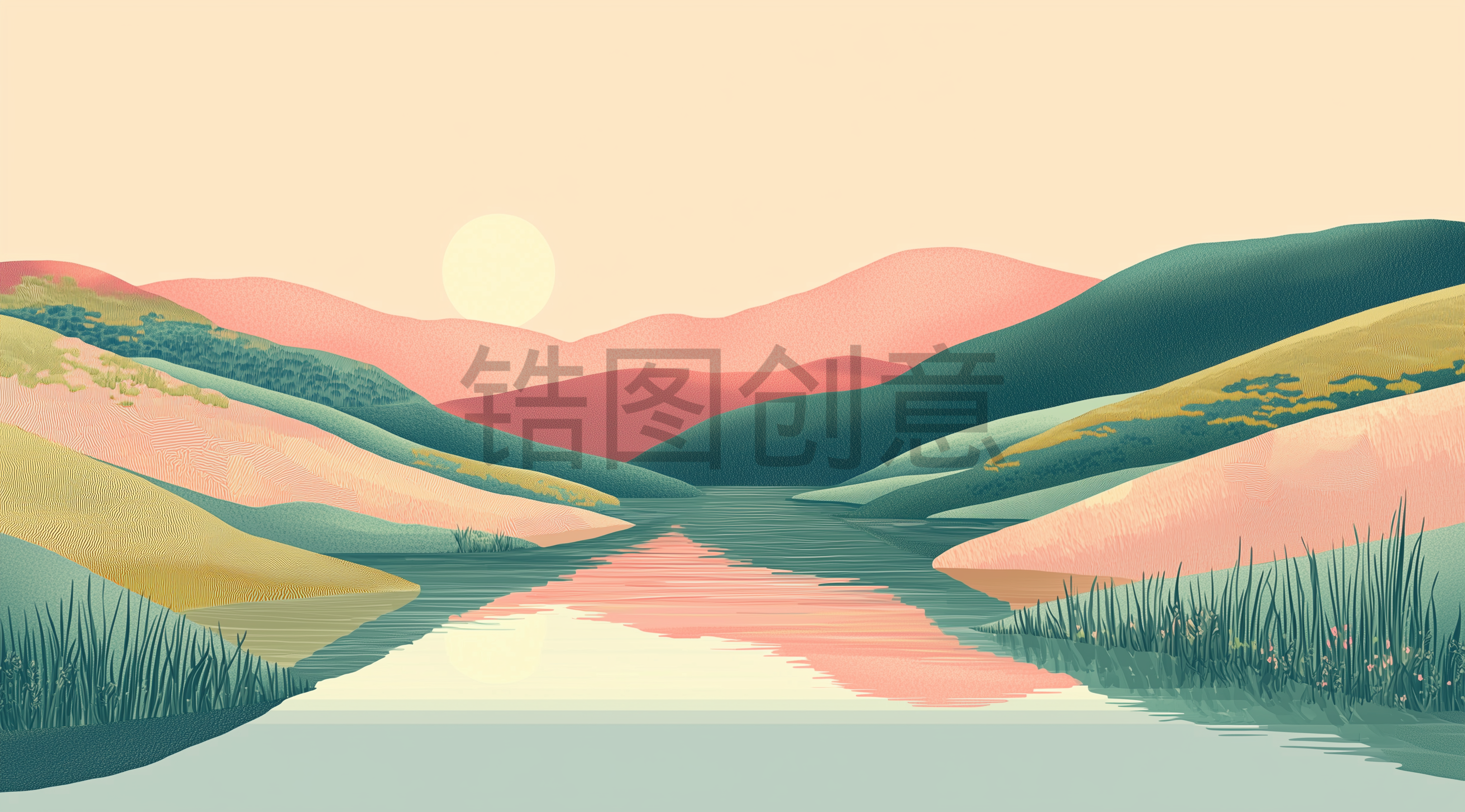 定设网-抽象野外小溪河流草地山坡自然风景插图风格素材