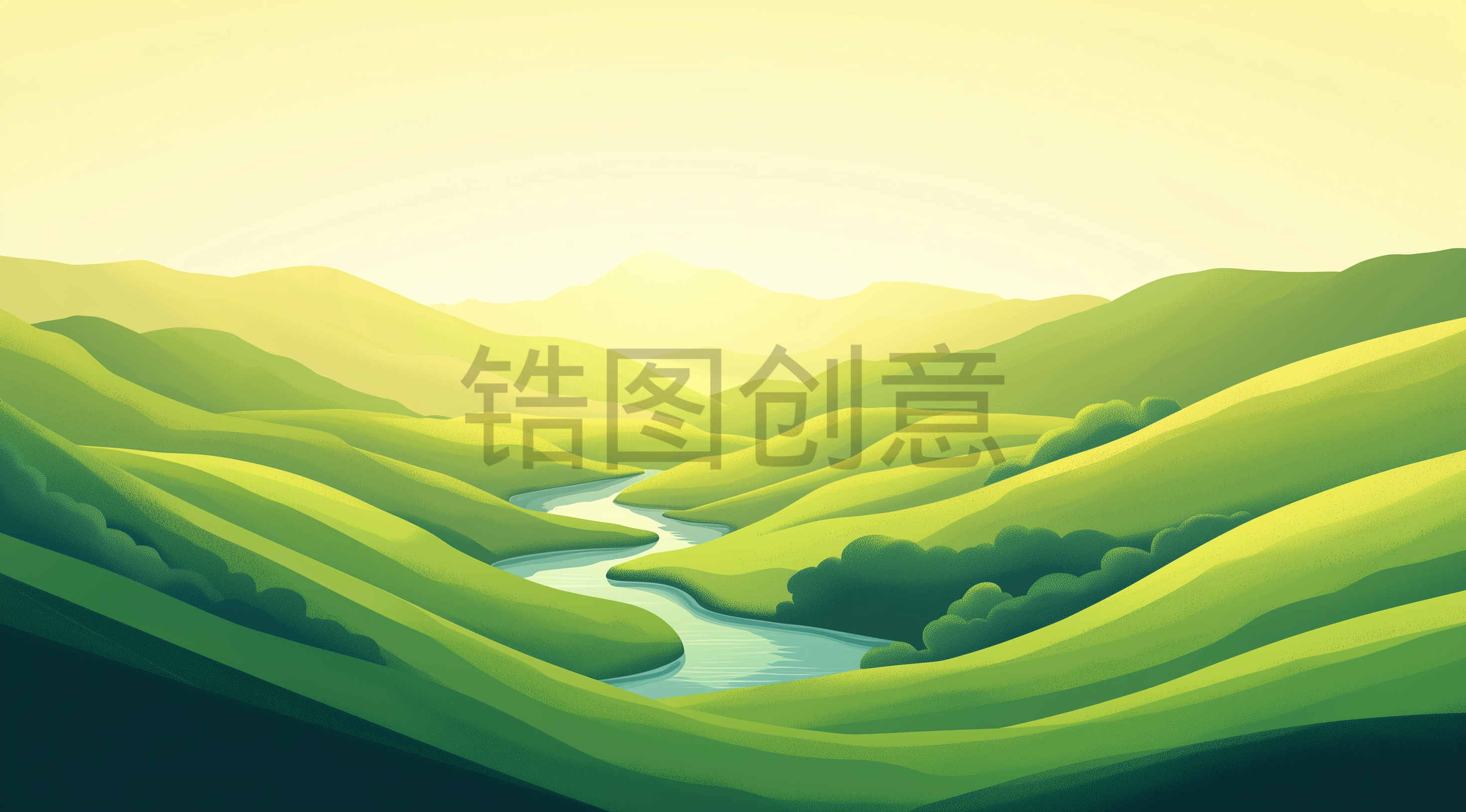 定设网-绿色抽象野外小溪河流草地山坡自然风景插图风格素材