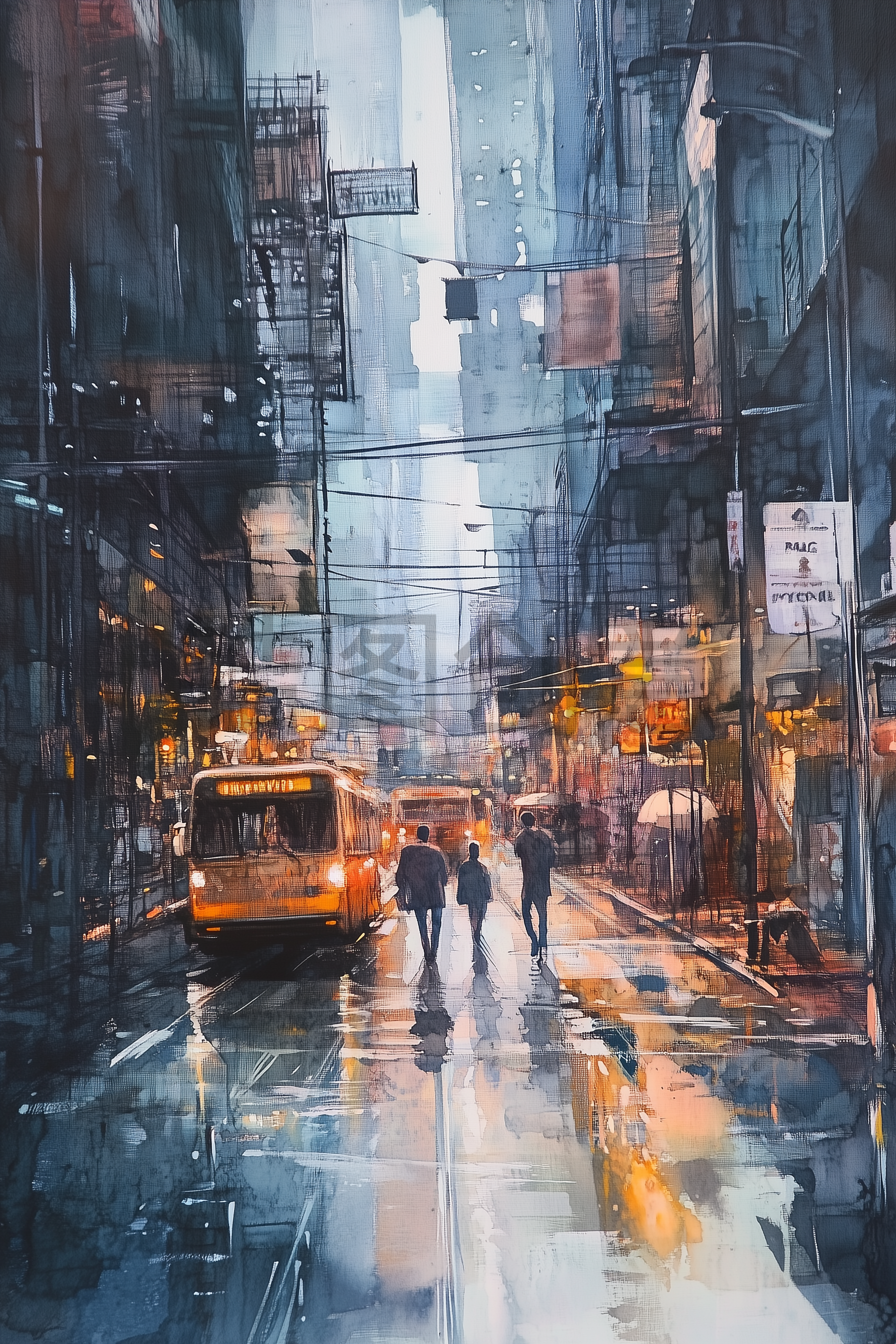 定设网-车来人往城市街道水彩风格背景
