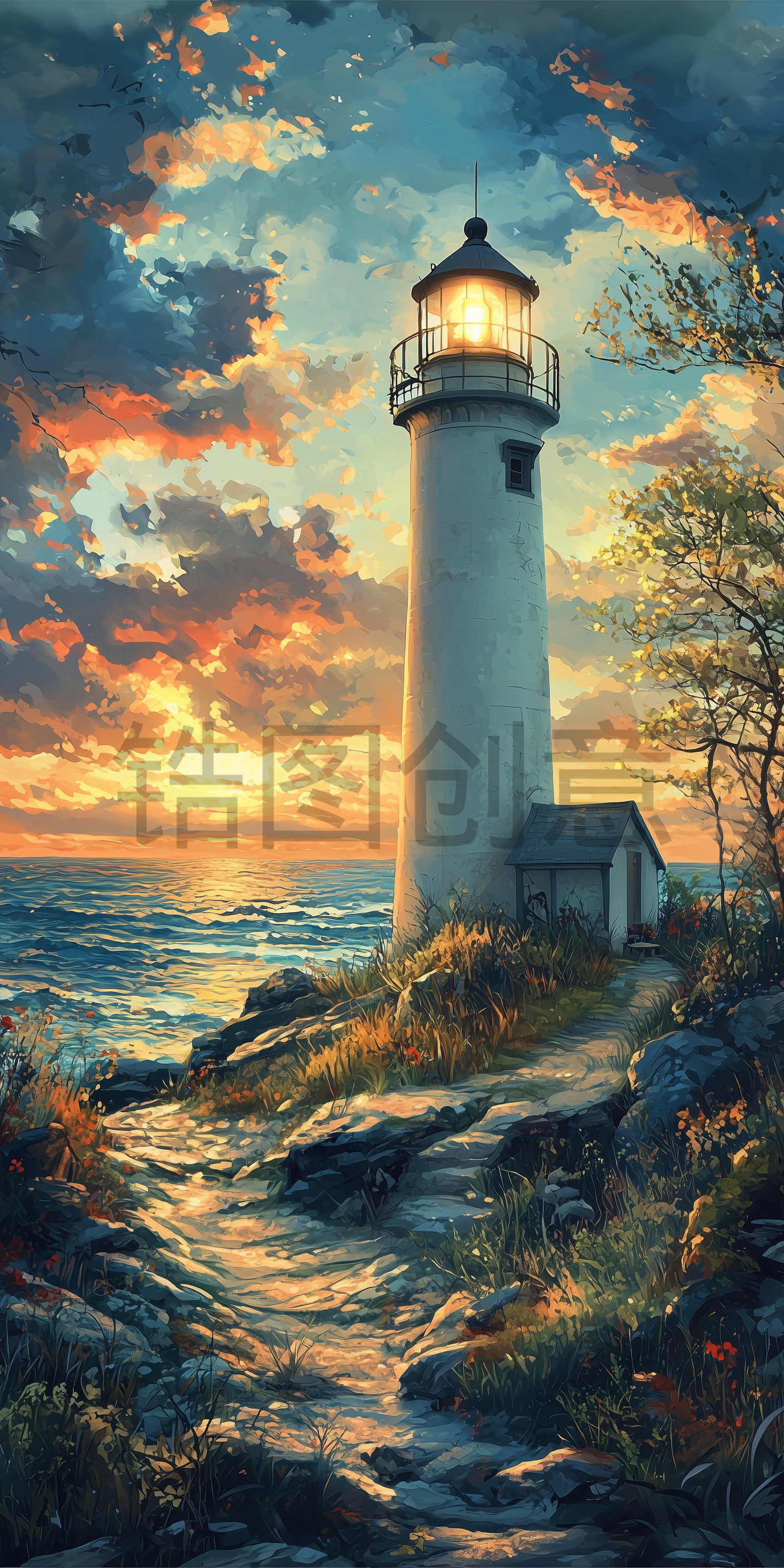 定设网-海边海上灯塔指引塔插画背景