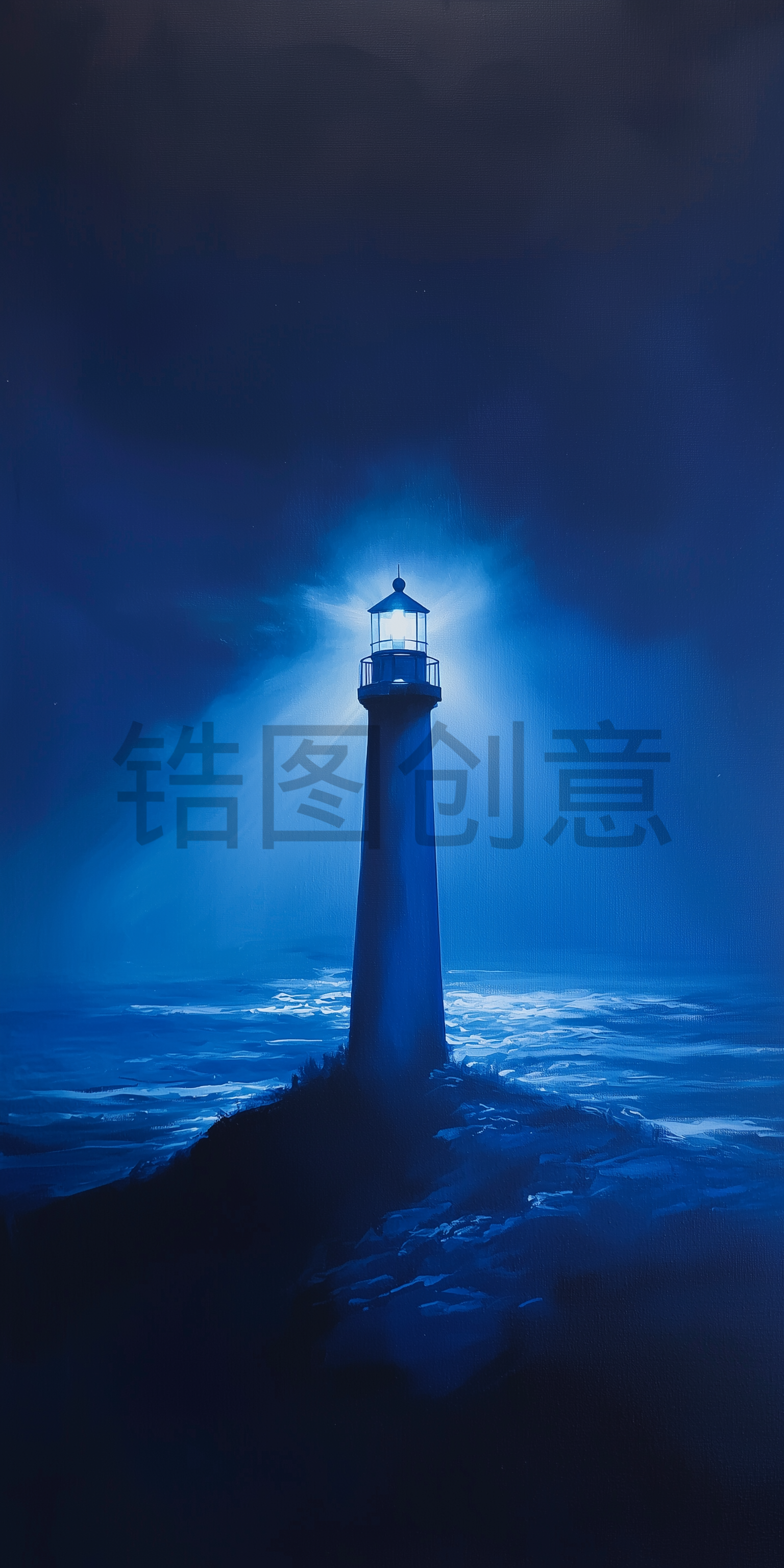 定设网-海边夜间夜景灯塔指引灯油画素材