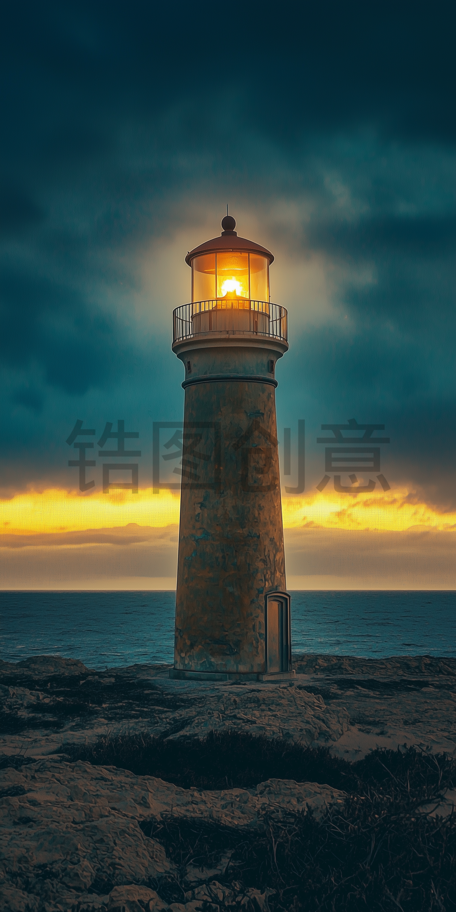 定设网-夜景海边海上斑驳老旧的灯塔指引塔插画背景