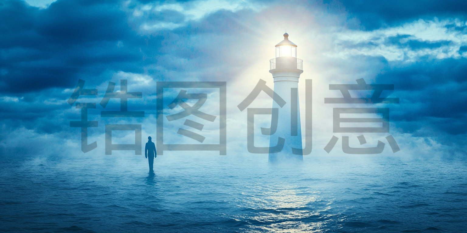 定设网-灯塔指引灯上照耀海上水面合成图片