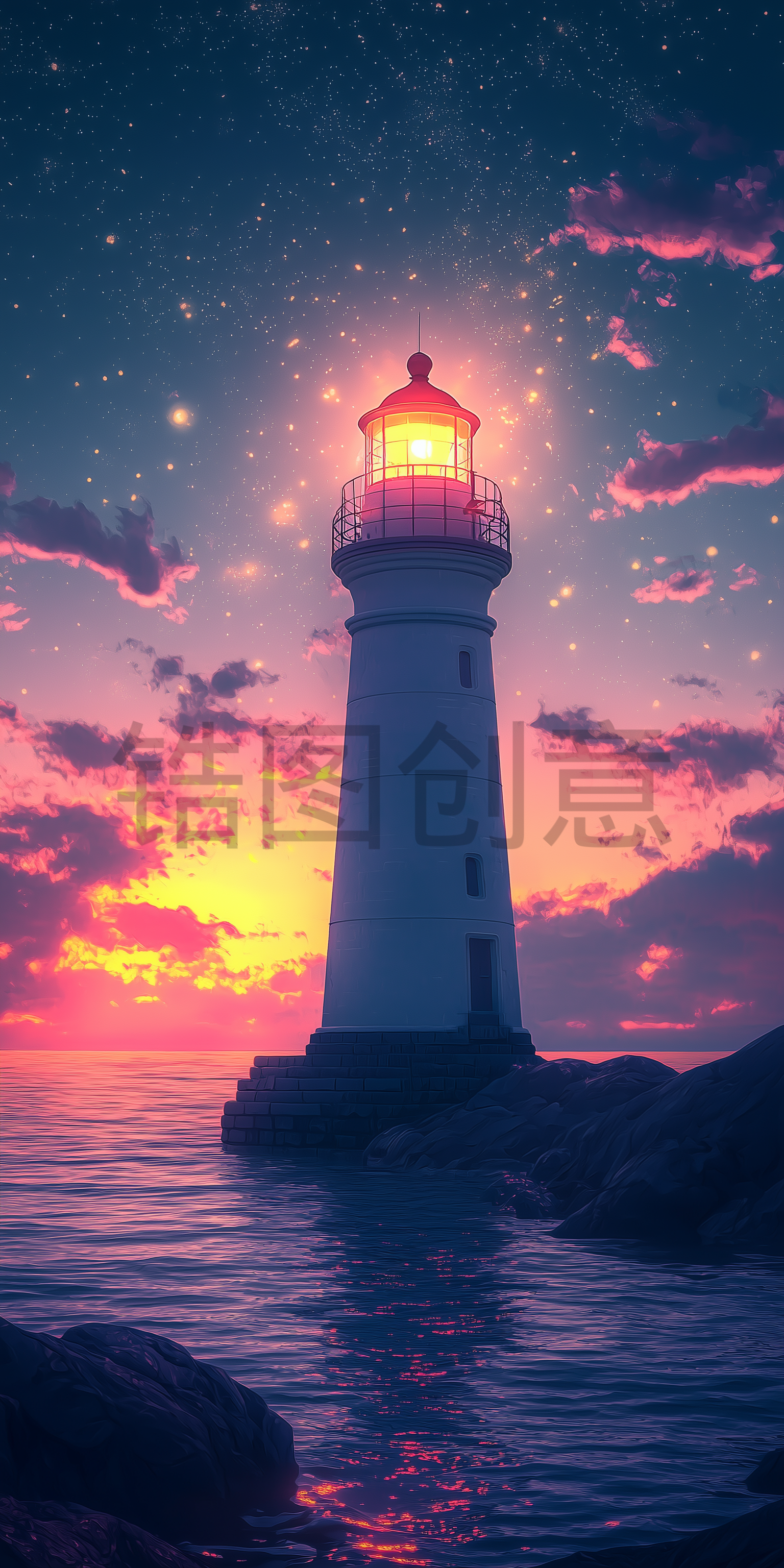 定设网-海边海上日落下灯塔指引塔背景
