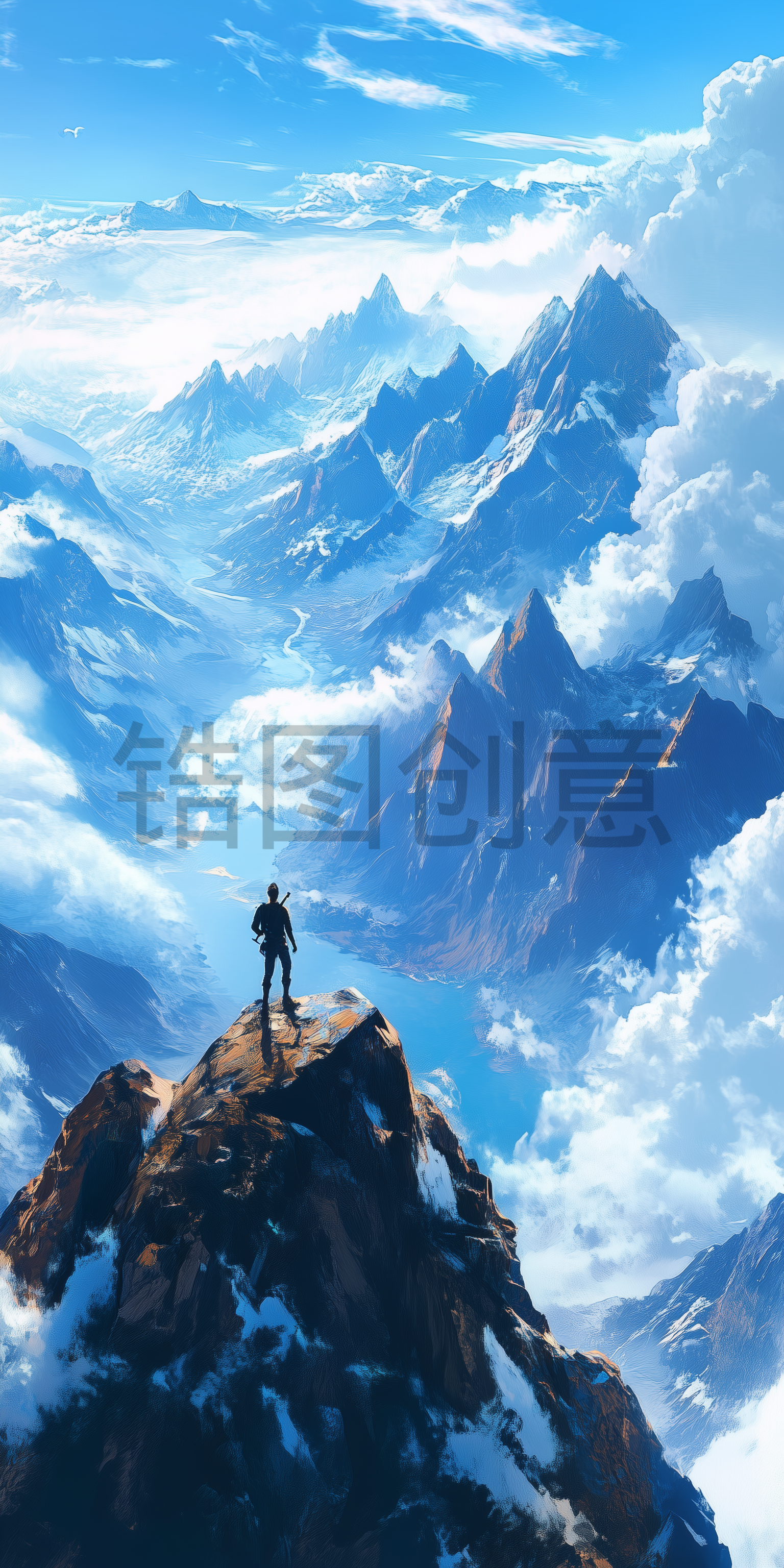 定设网-户外登山爬山攀登高峰山脉河流湖泊插画背景