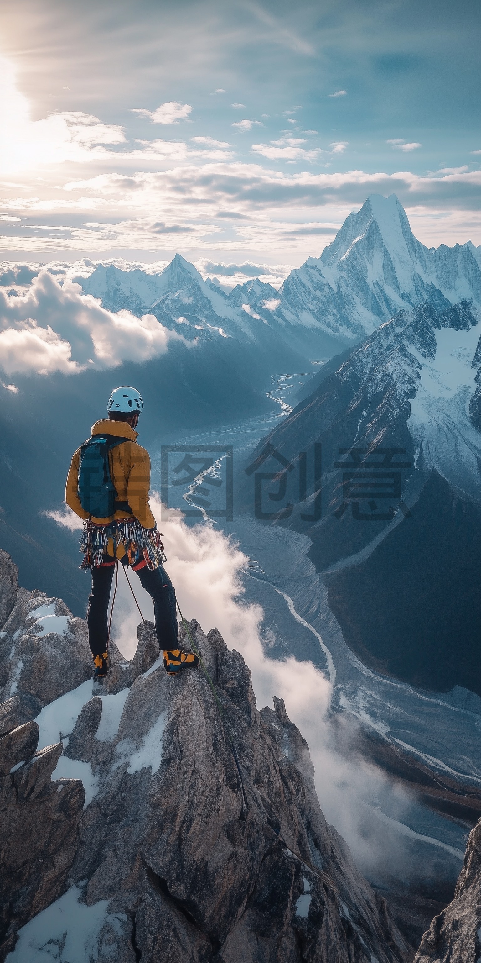 定设网-户外运动员登山爬山攀登高峰山脉河流背景