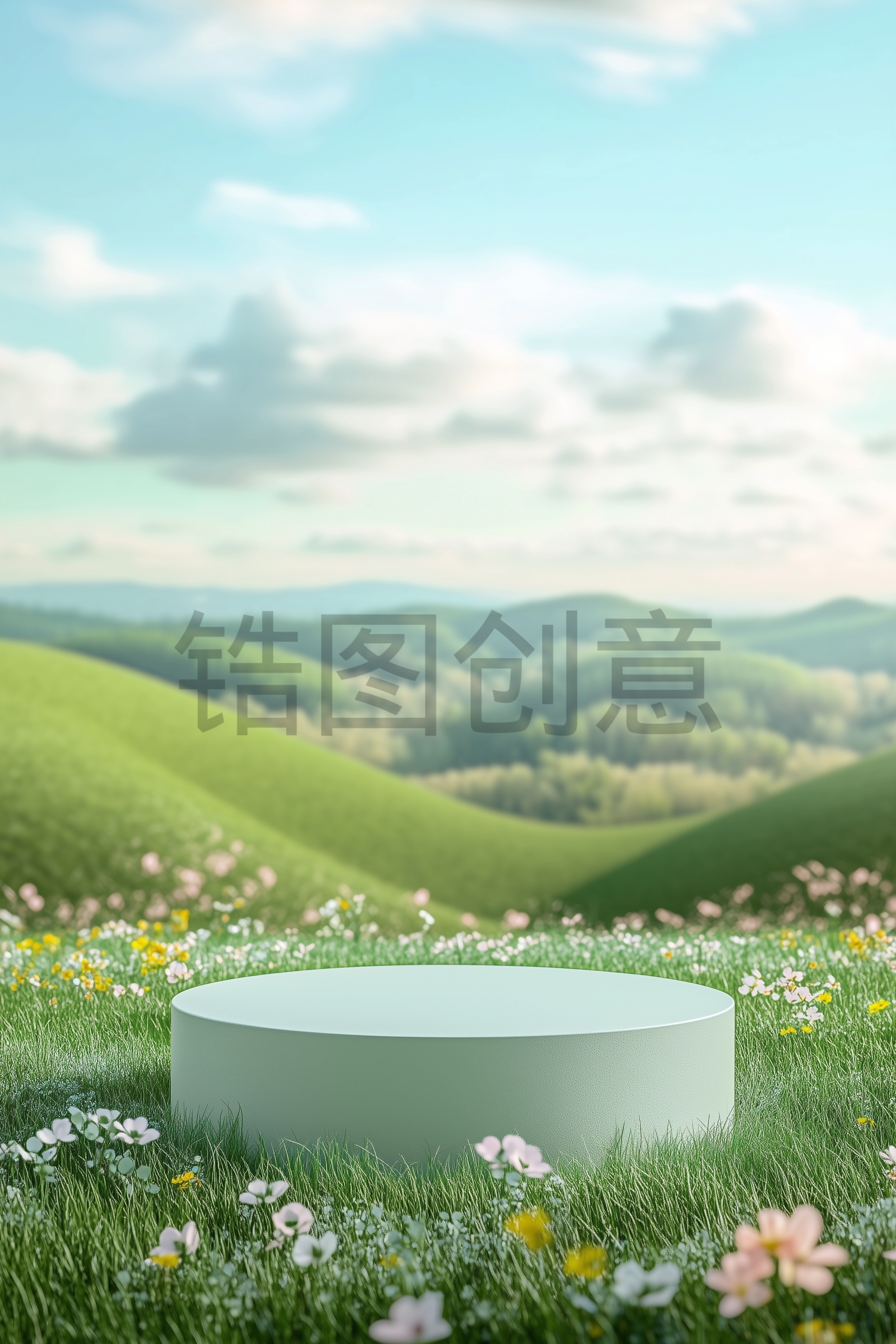 定设网-创意鲜花春天春季植物草地蓝天电商展台背景图片