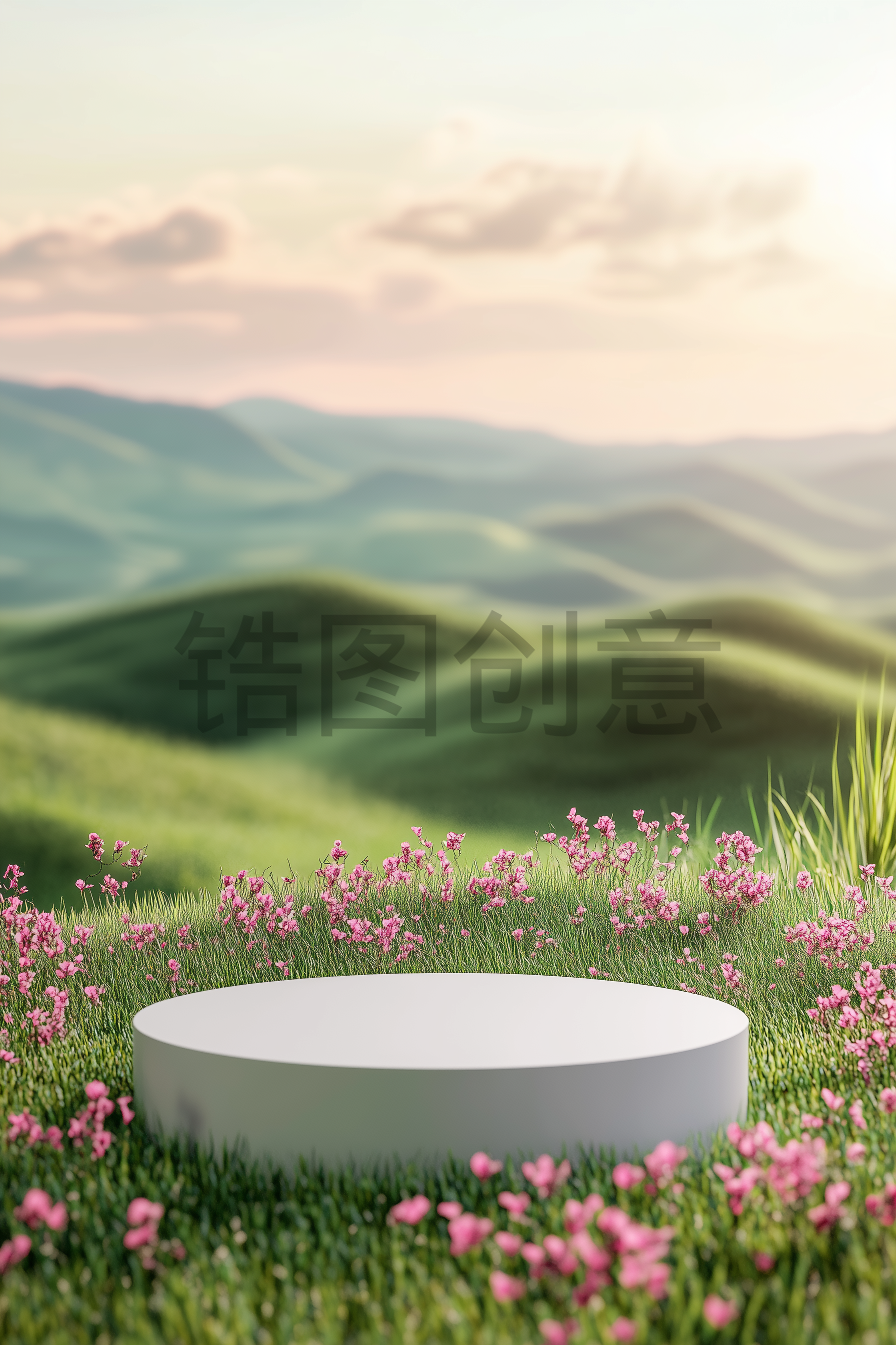 定设网-创意鲜花春天春季植物草地蓝天电商展台背景图片