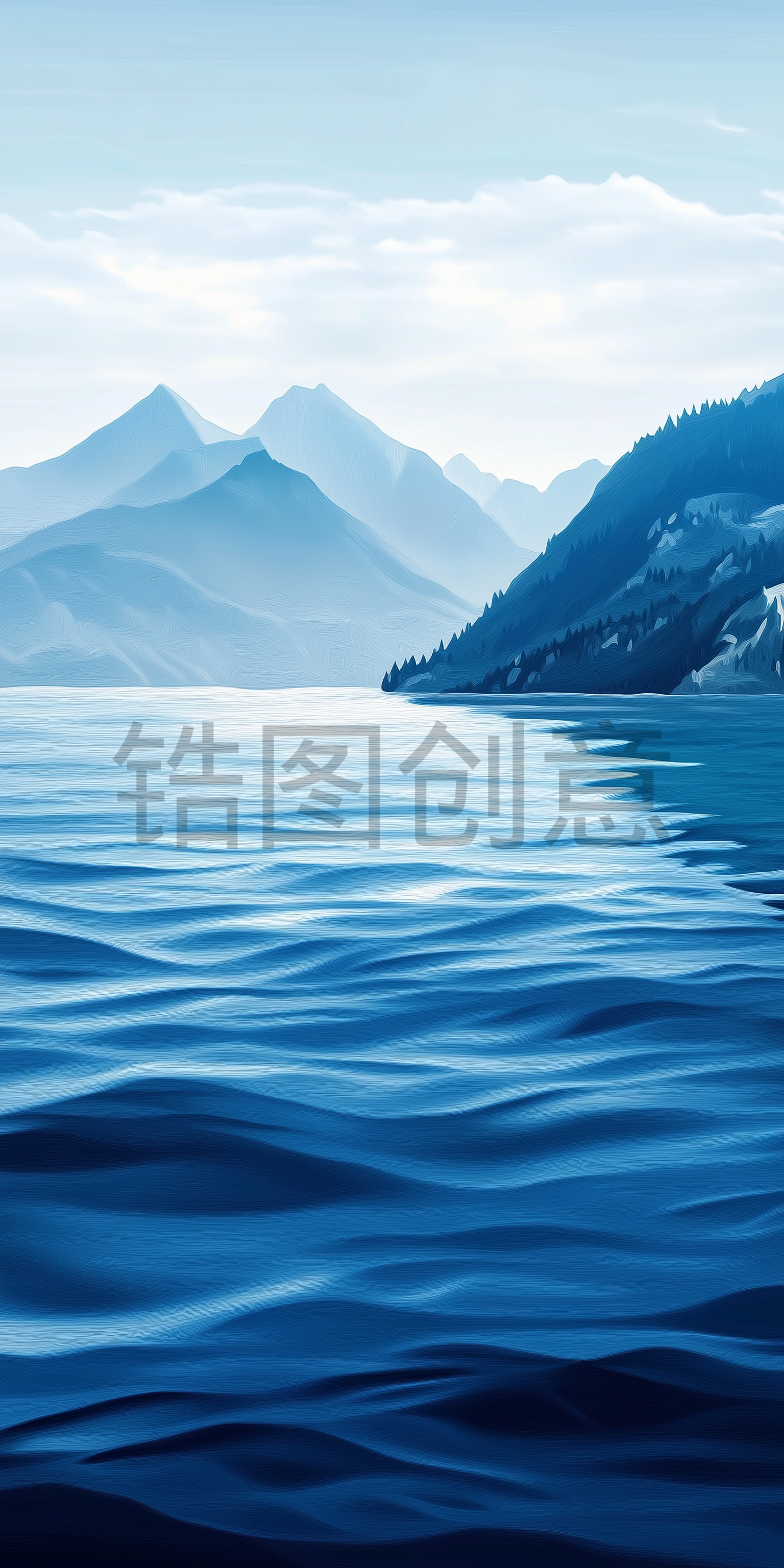 定设网-蓝色湖面湖泊群山油画风景背景