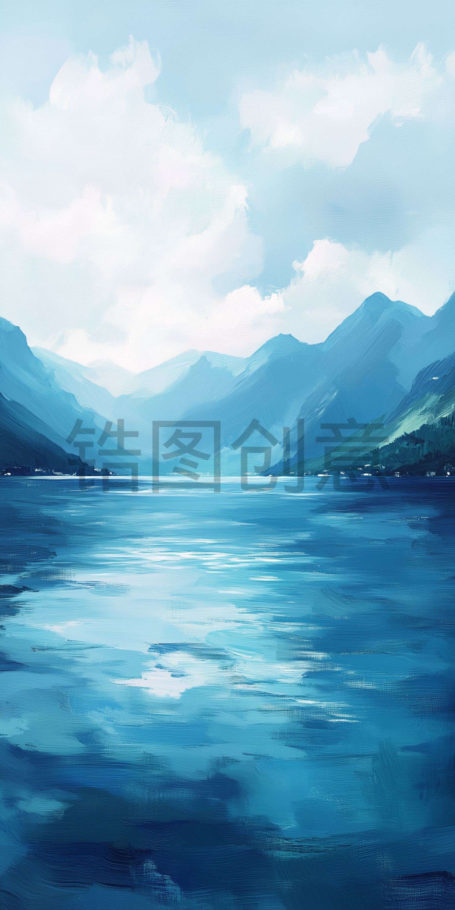 定设网-蓝色湖面湖泊山脉油画风景