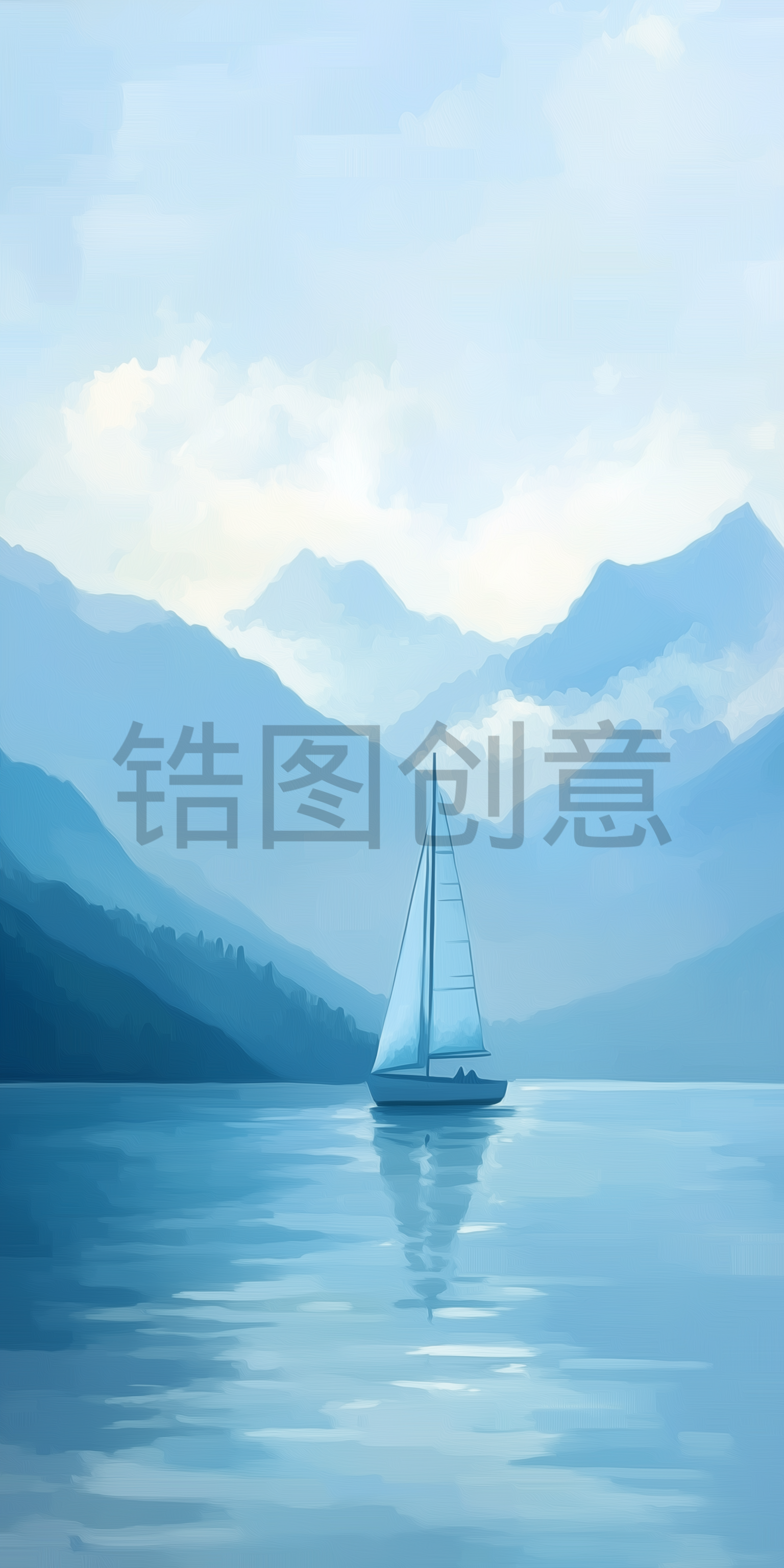 定设网-蓝色湖面湖泊上帆船船只群山油画风景背景