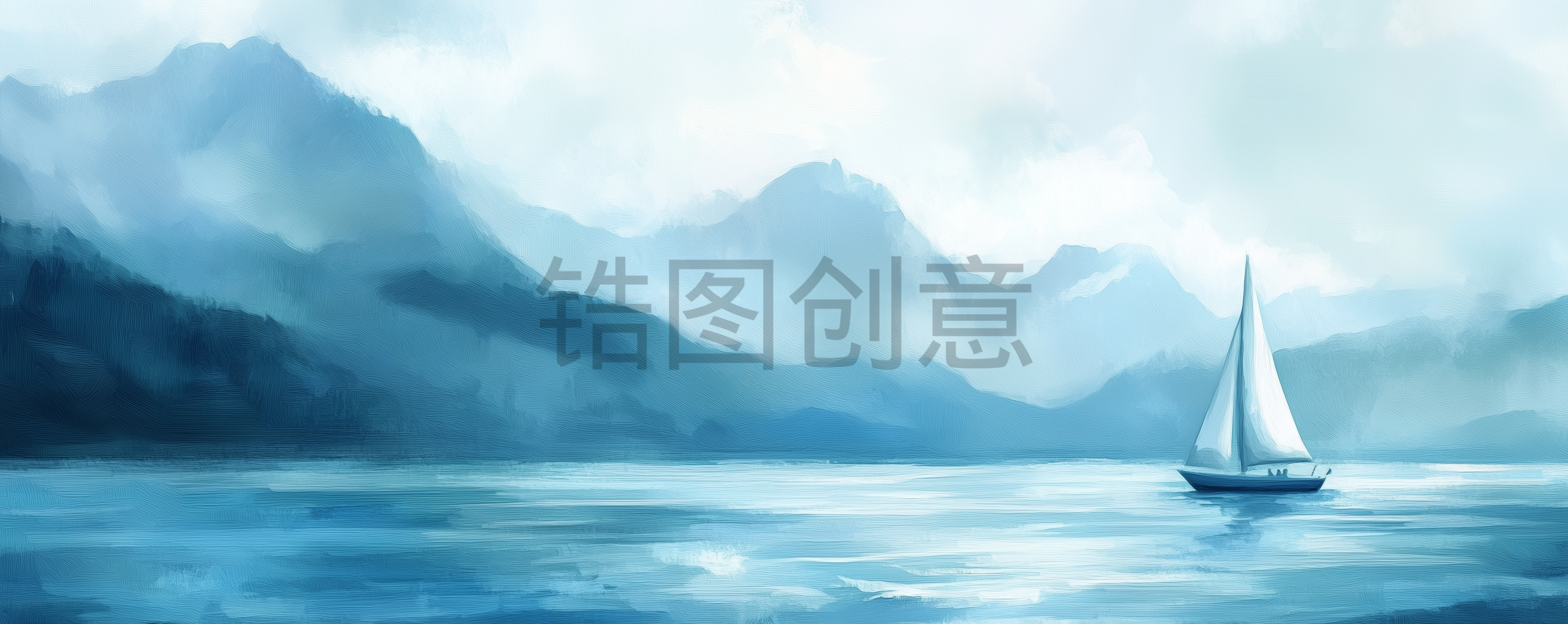 定设网-蓝色海面海洋山脉船只油画背景
