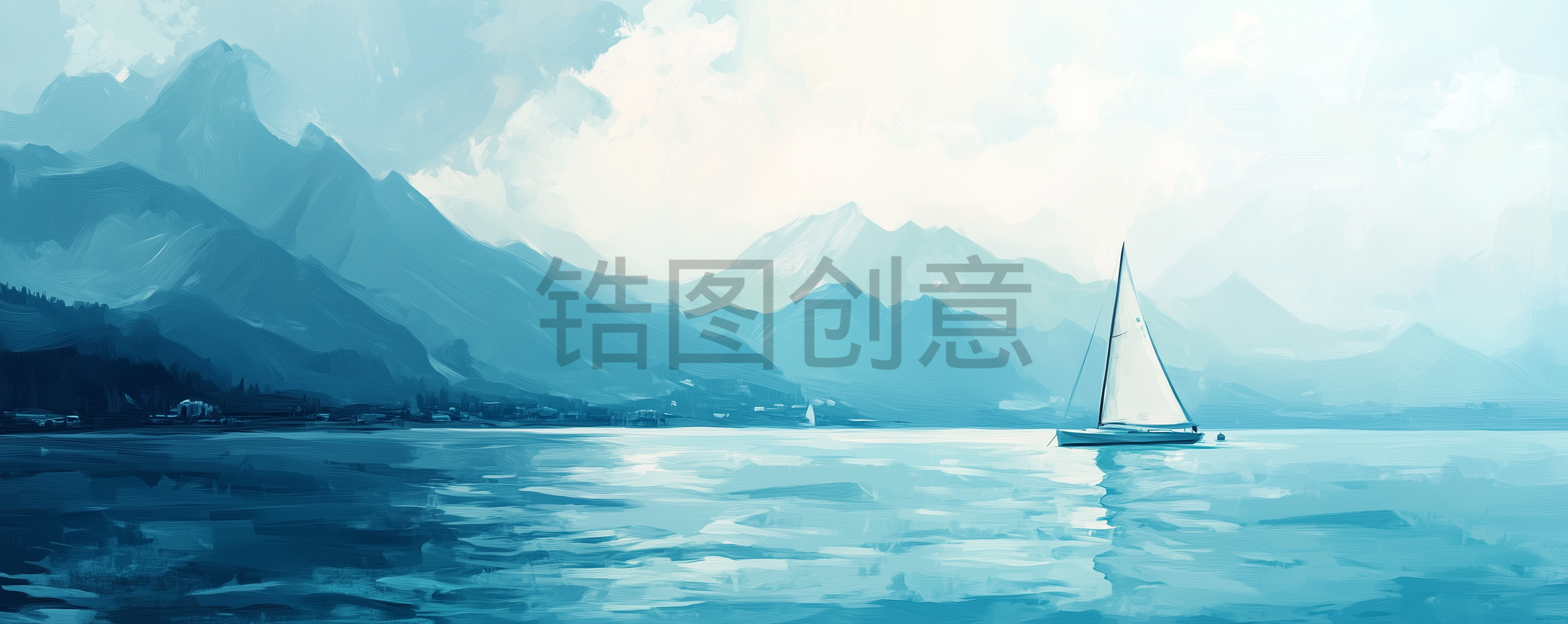 定设网-蓝色大海海浪海面上帆船船只航行油画风景背景
