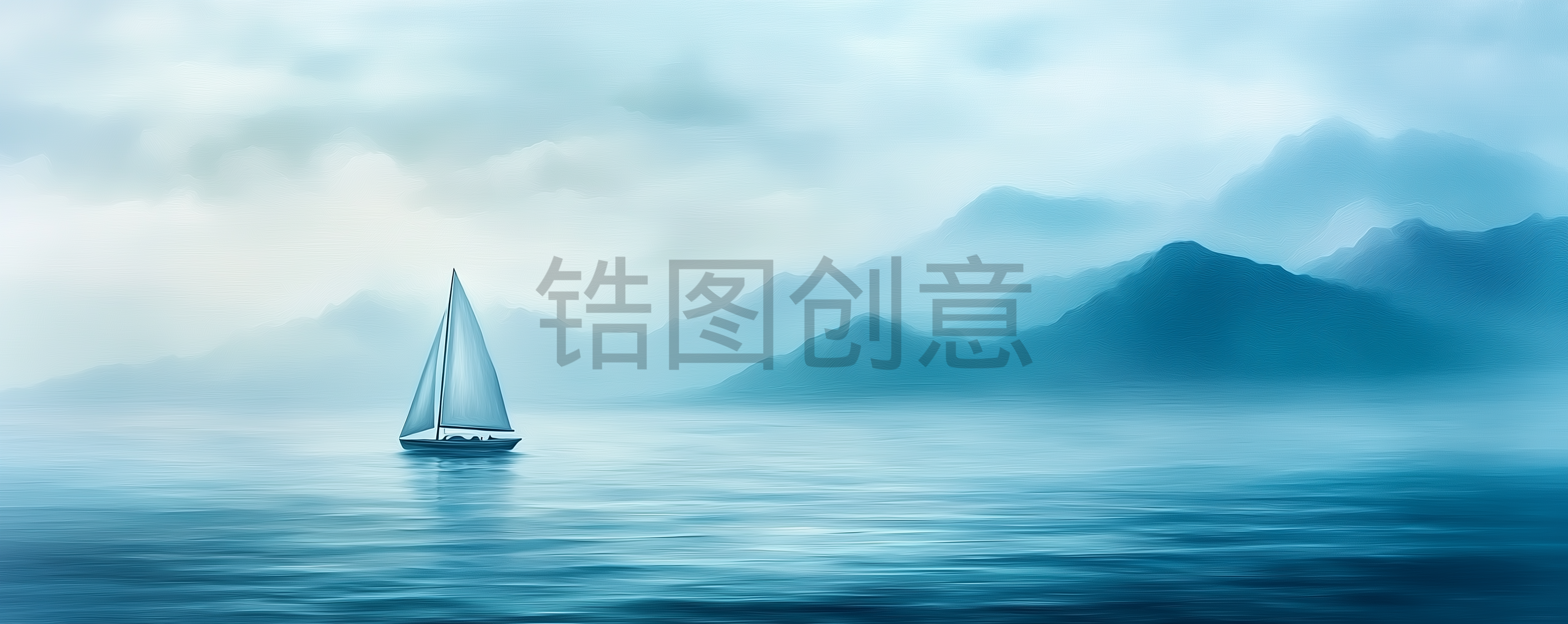 定设网-蓝色湖面湖泊上帆船船只群山油画风景背景