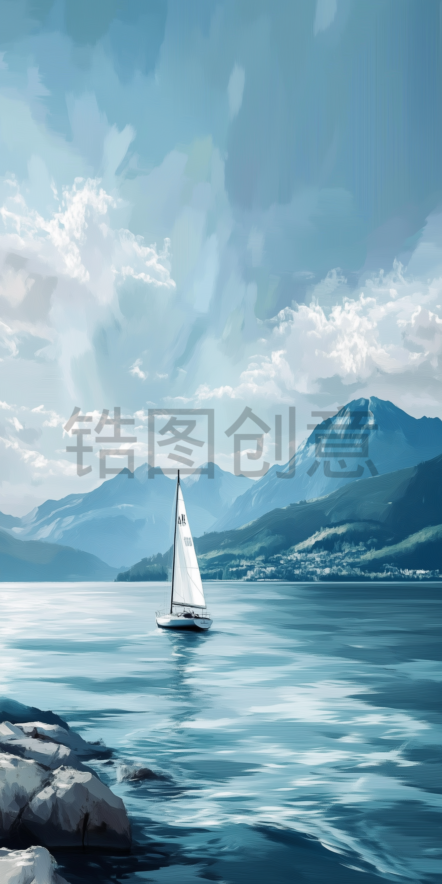定设网-蓝色湖面湖泊上帆船船只群山油画风景背景