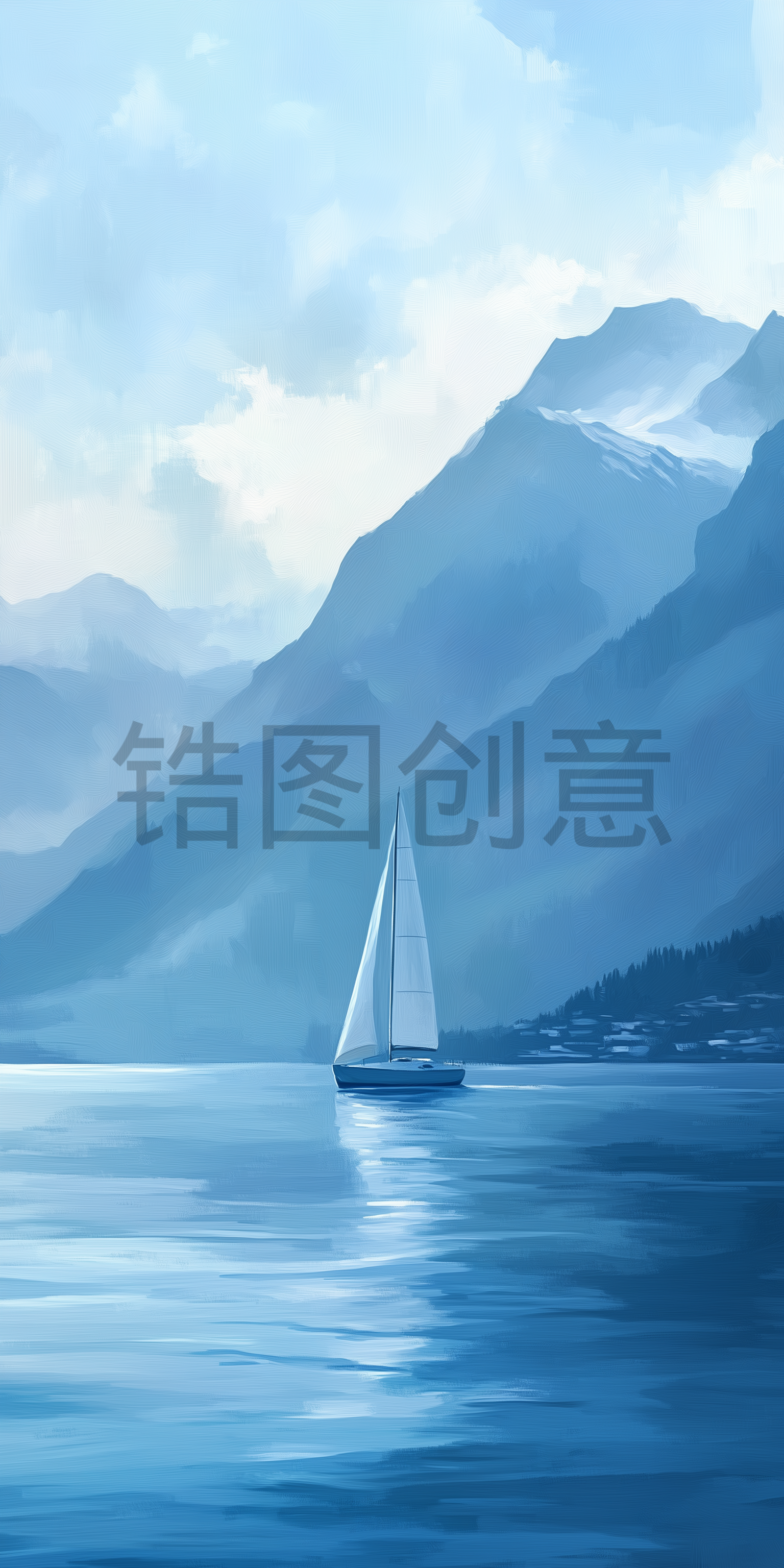 定设网-蓝色海面海洋山脉船只油画背景