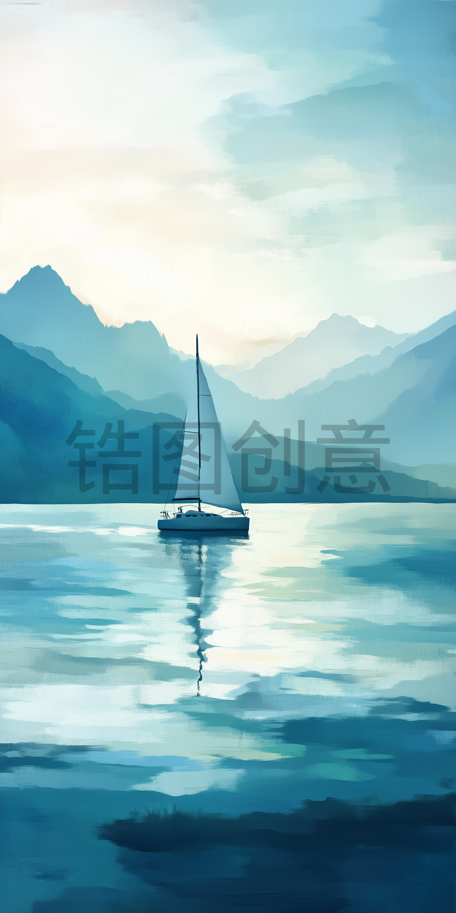 定设网-蓝色湖面湖泊上帆船船只群山油画风景背景