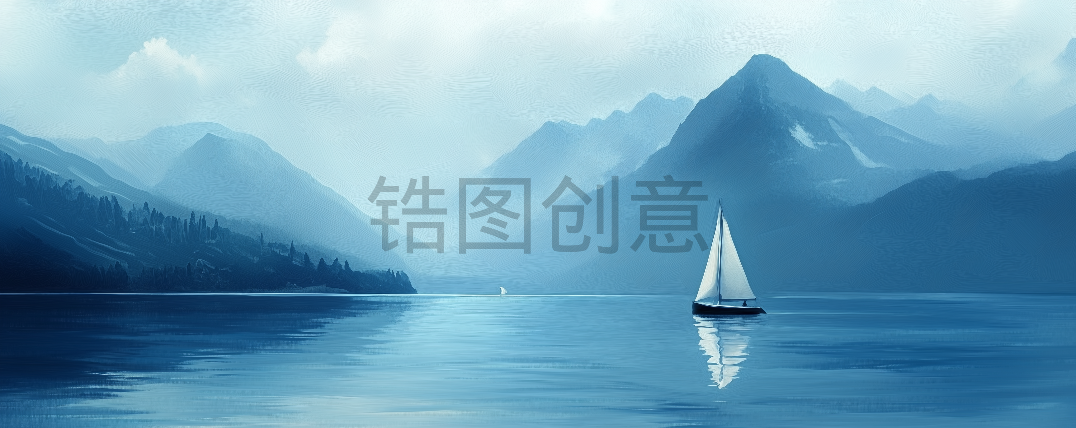 定设网-蓝色湖面湖泊航行船只群山油画风景背景