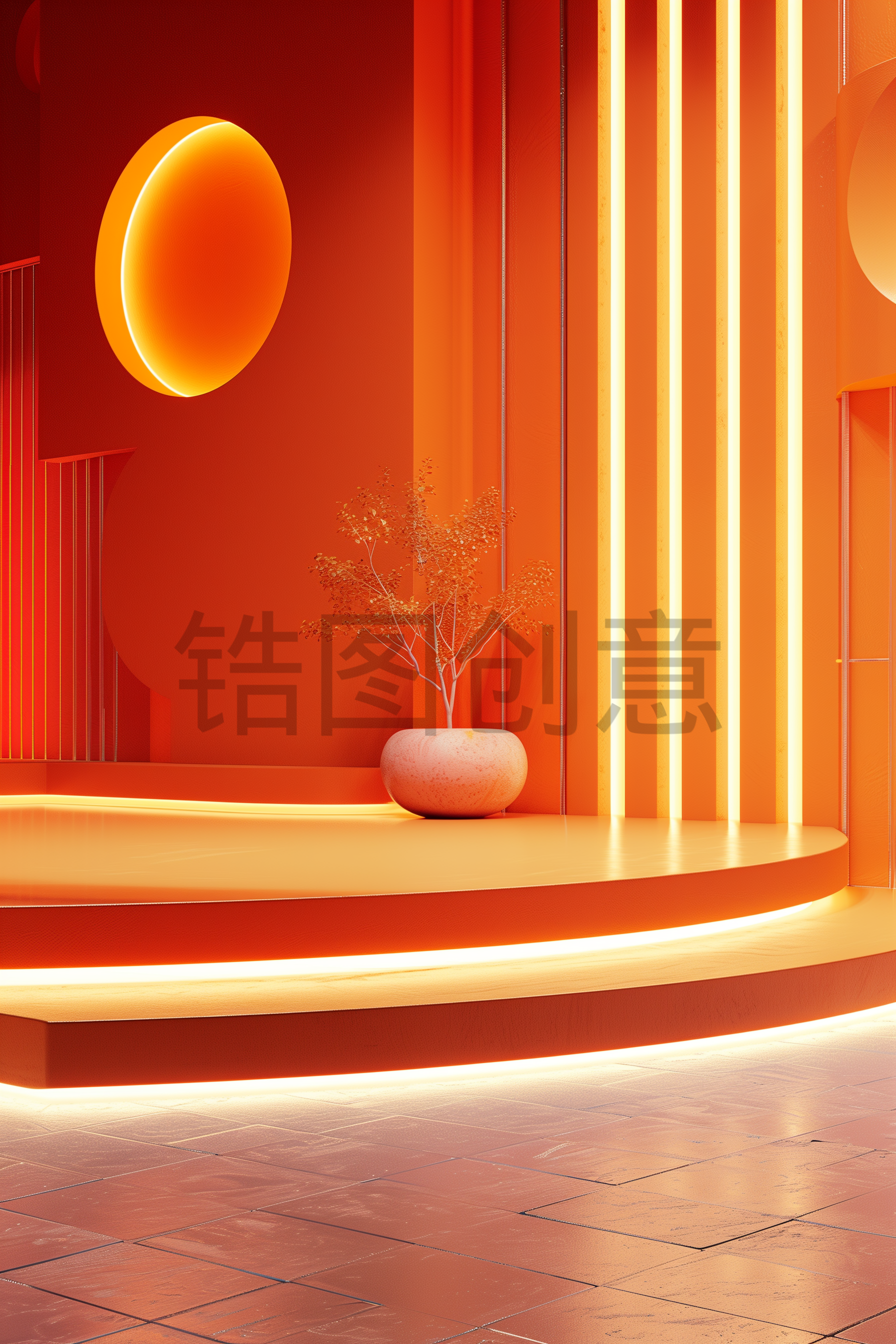 定设网-橙色3d渲染产品展台空间背景