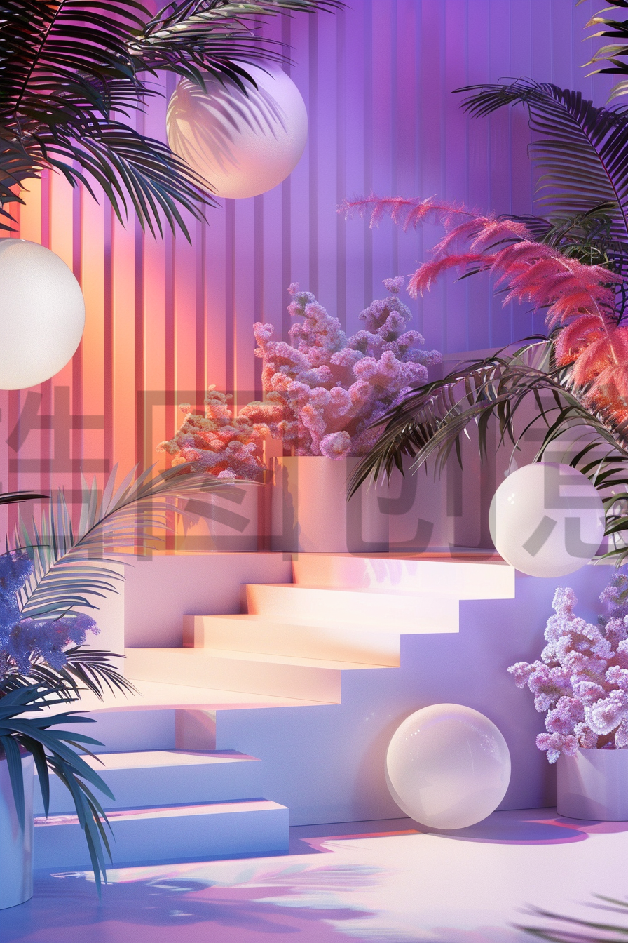 定设网-3d渲染植物花卉阶梯空间背景