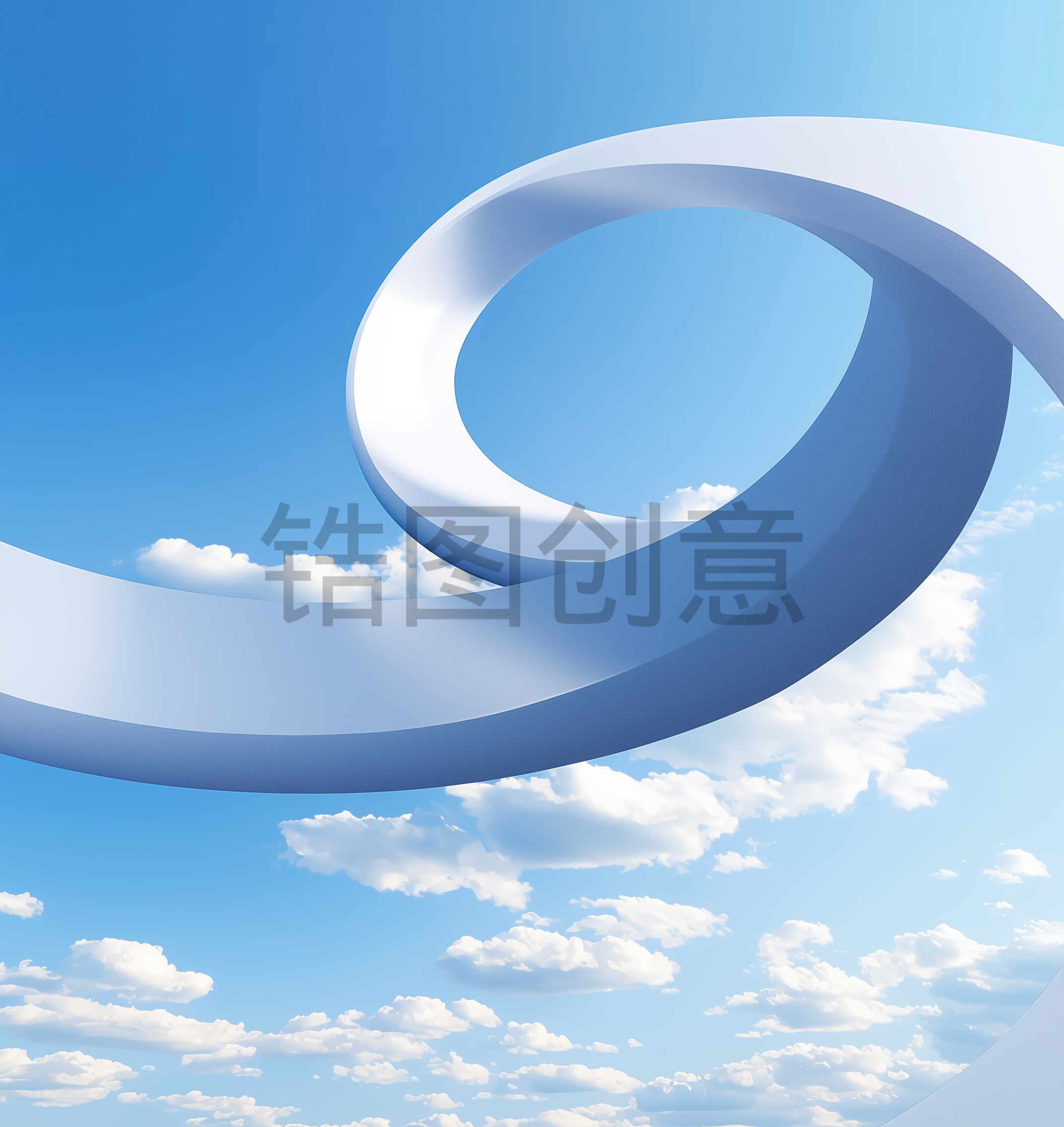 定设网-3d渲染白色弯曲环形曲线形状蓝色天空空间背景