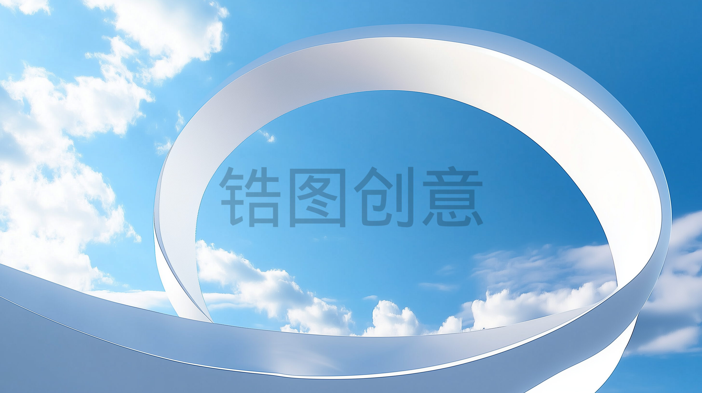 定设网-3d渲染白色弯曲环形曲线形状蓝色天空空间背景