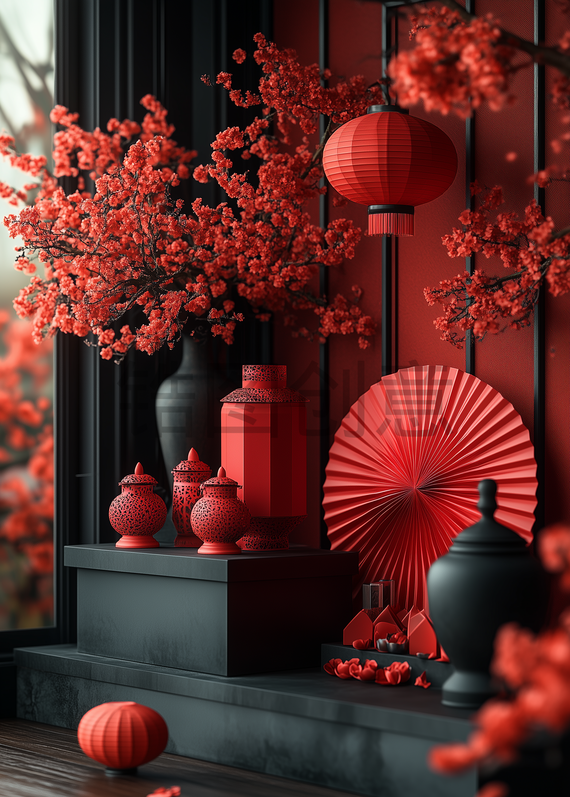 红色中国风喜庆纸扇插花灯笼氛围场景