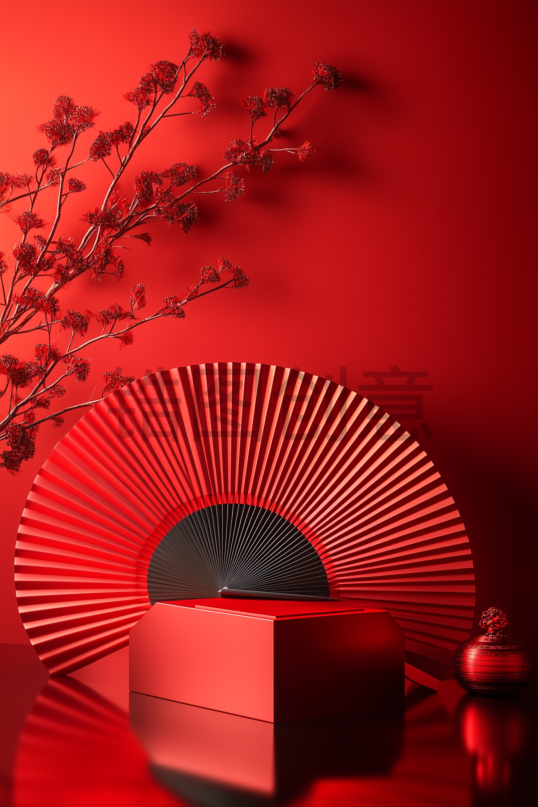 红色扇面中国风展台3D场景背景