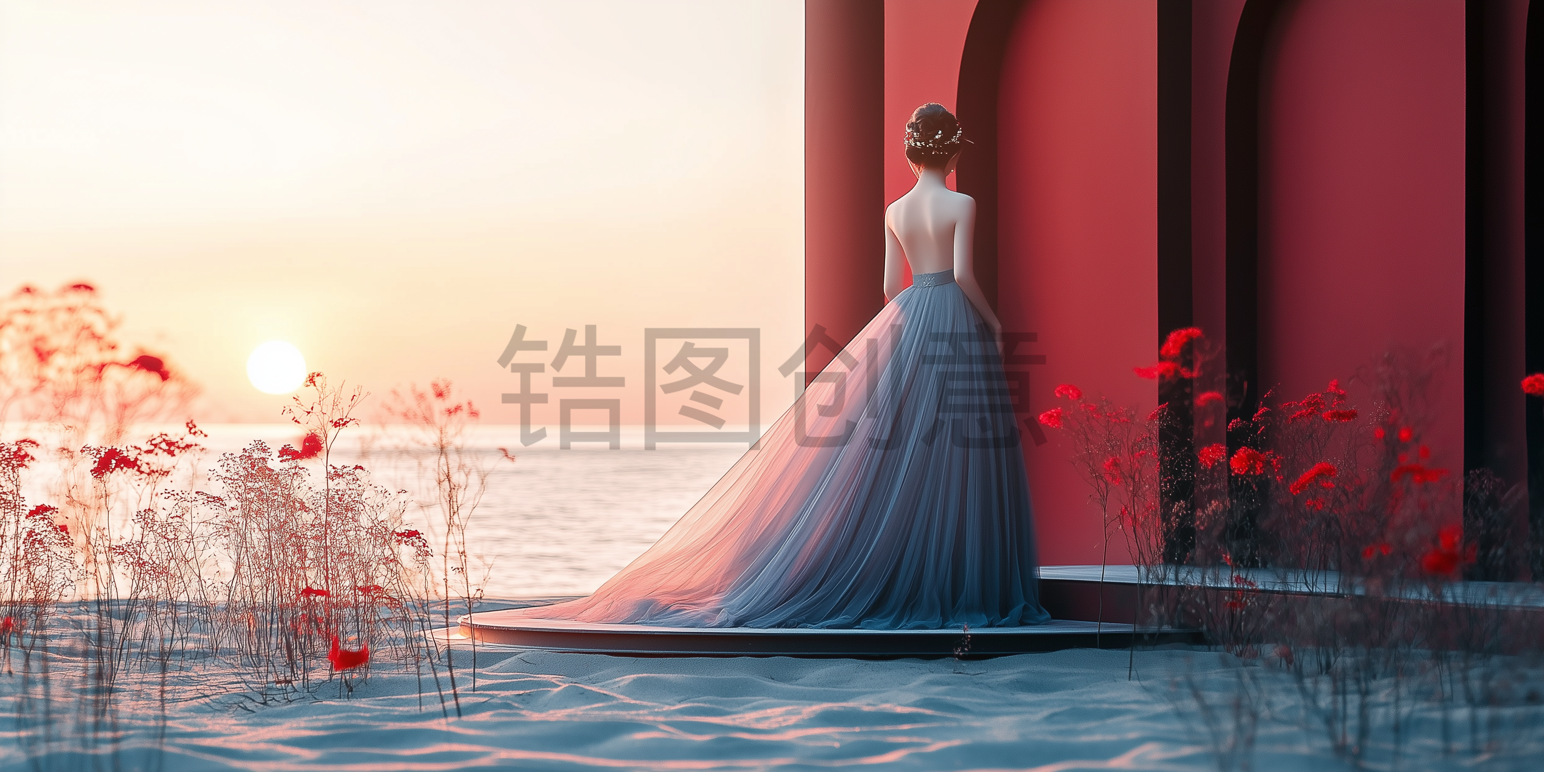 海边中国风婚礼拍摄女人背影场景