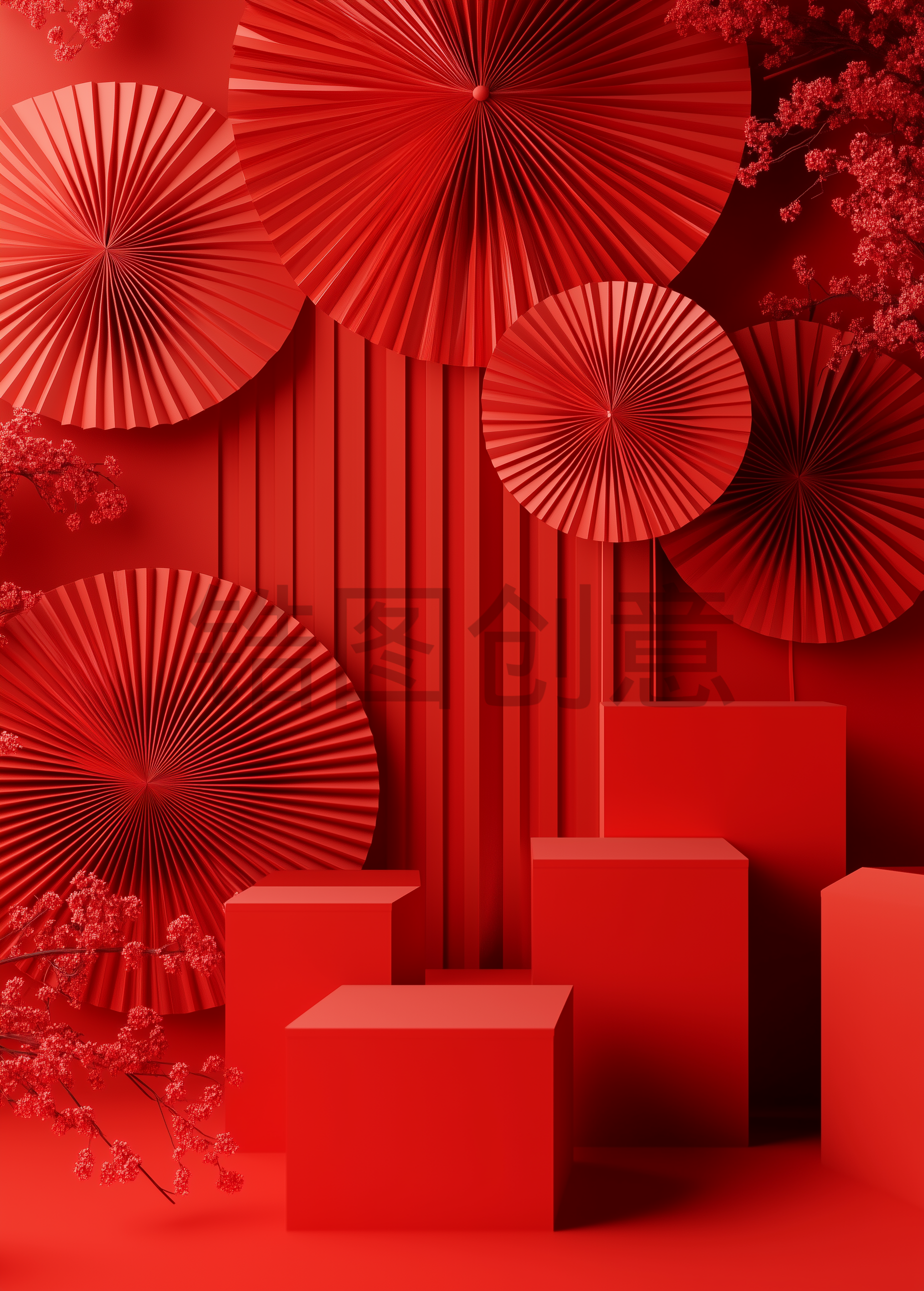 红色喜庆纸扇折扇舞台产品背景
