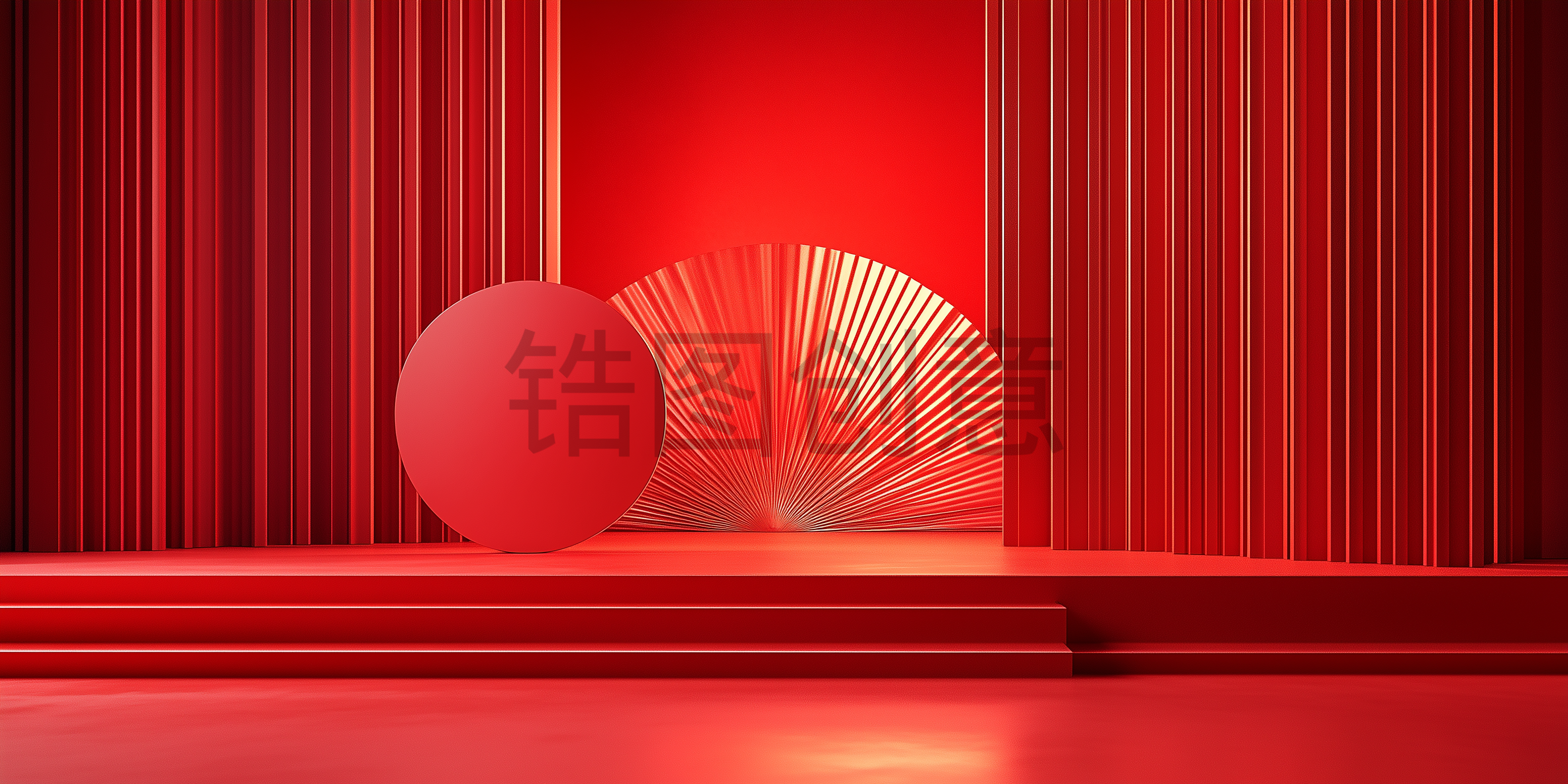 红色扇面中国风展台3D场景背景