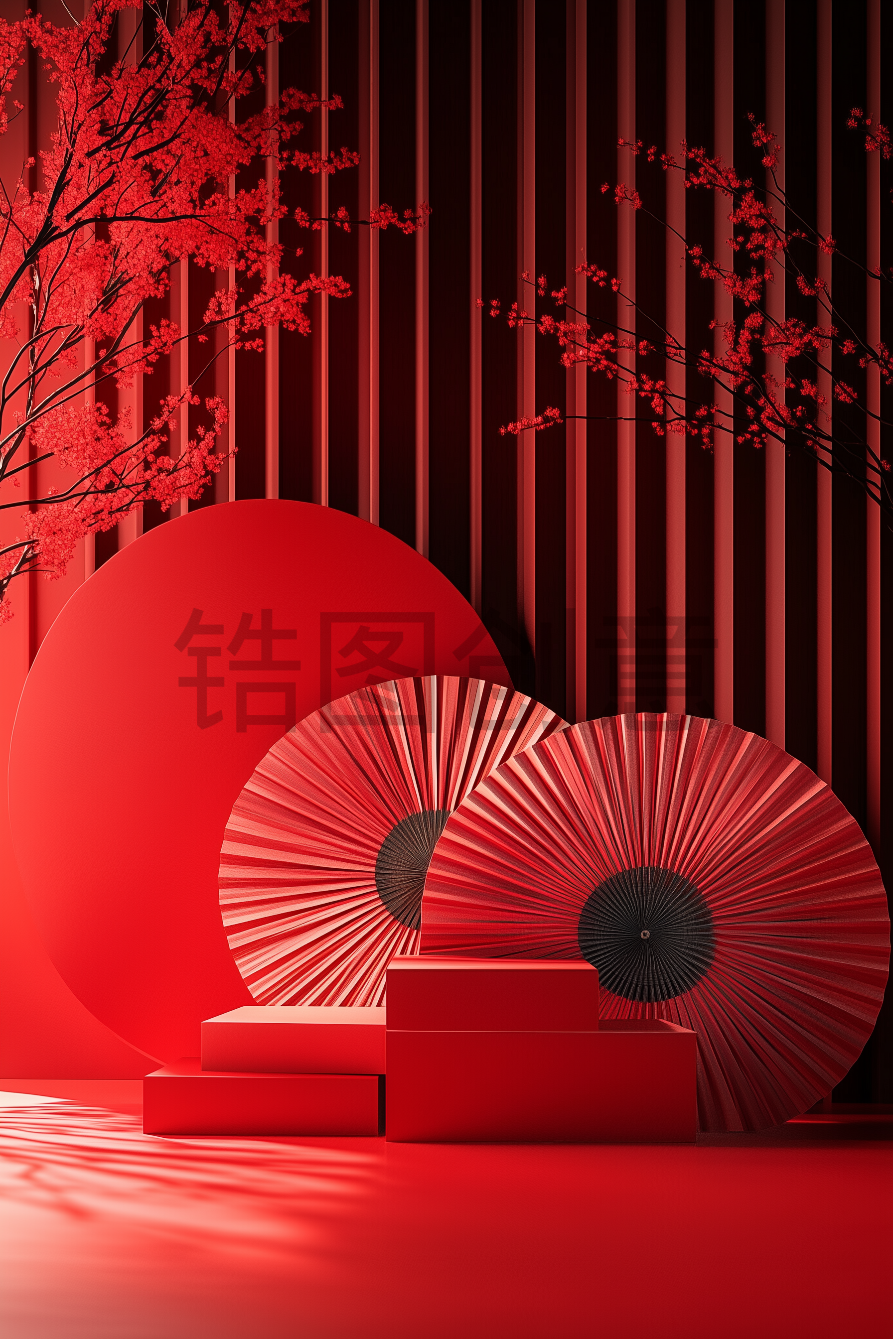 红色扇面中国风展台3D场景背景