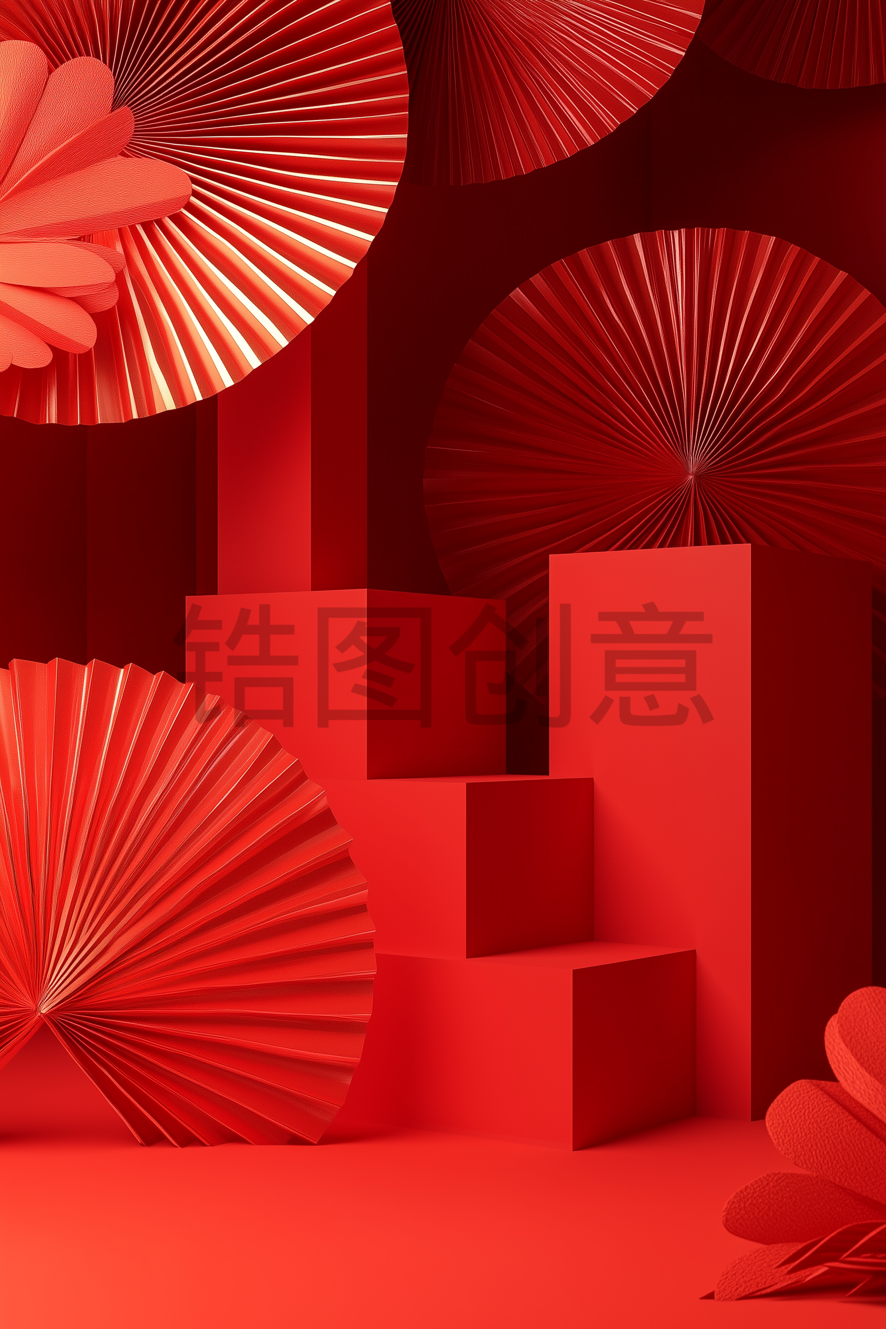 红色喜庆纸扇折扇舞台产品背景