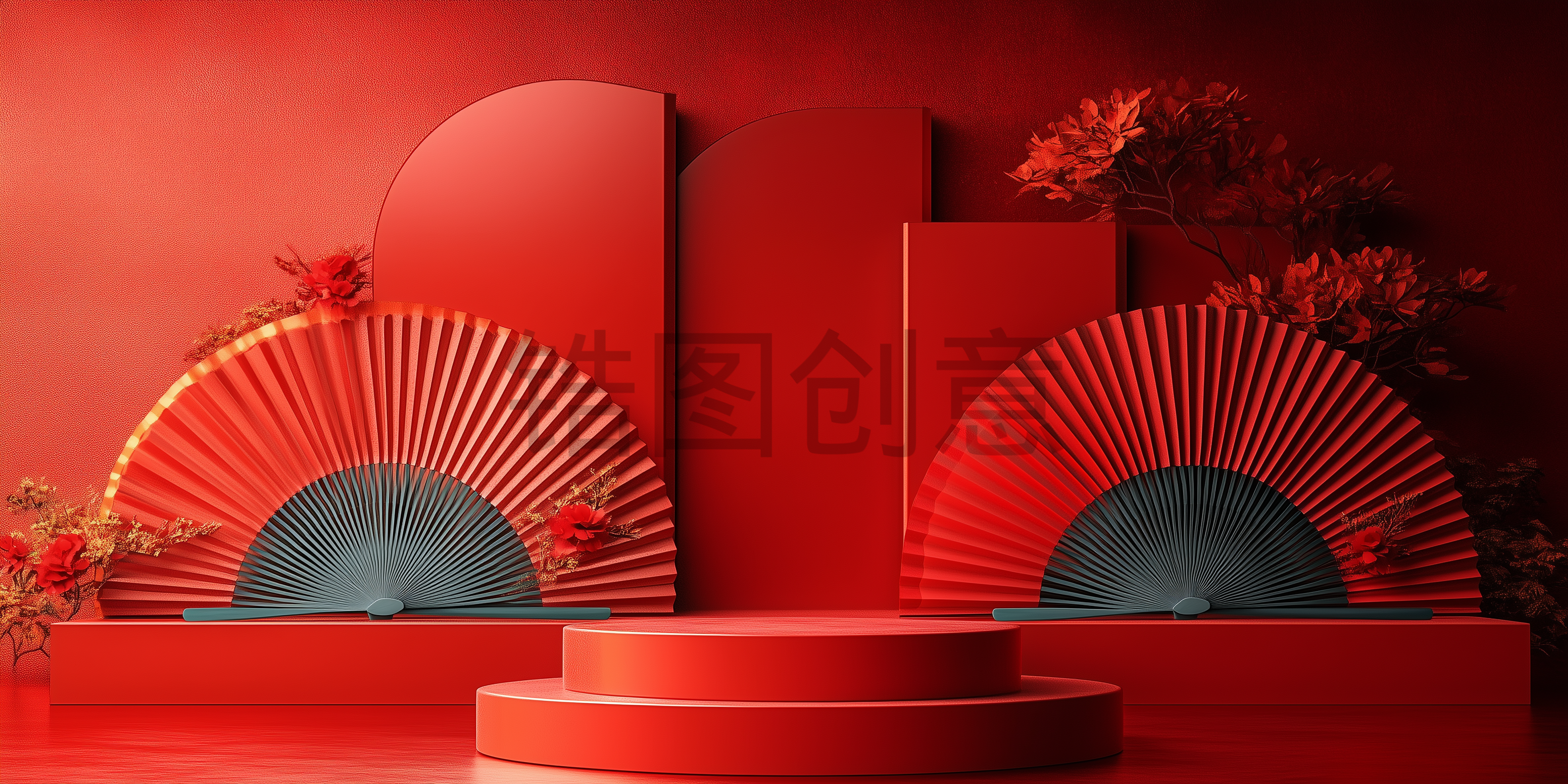 红色扇面中国风展台3D场景背景