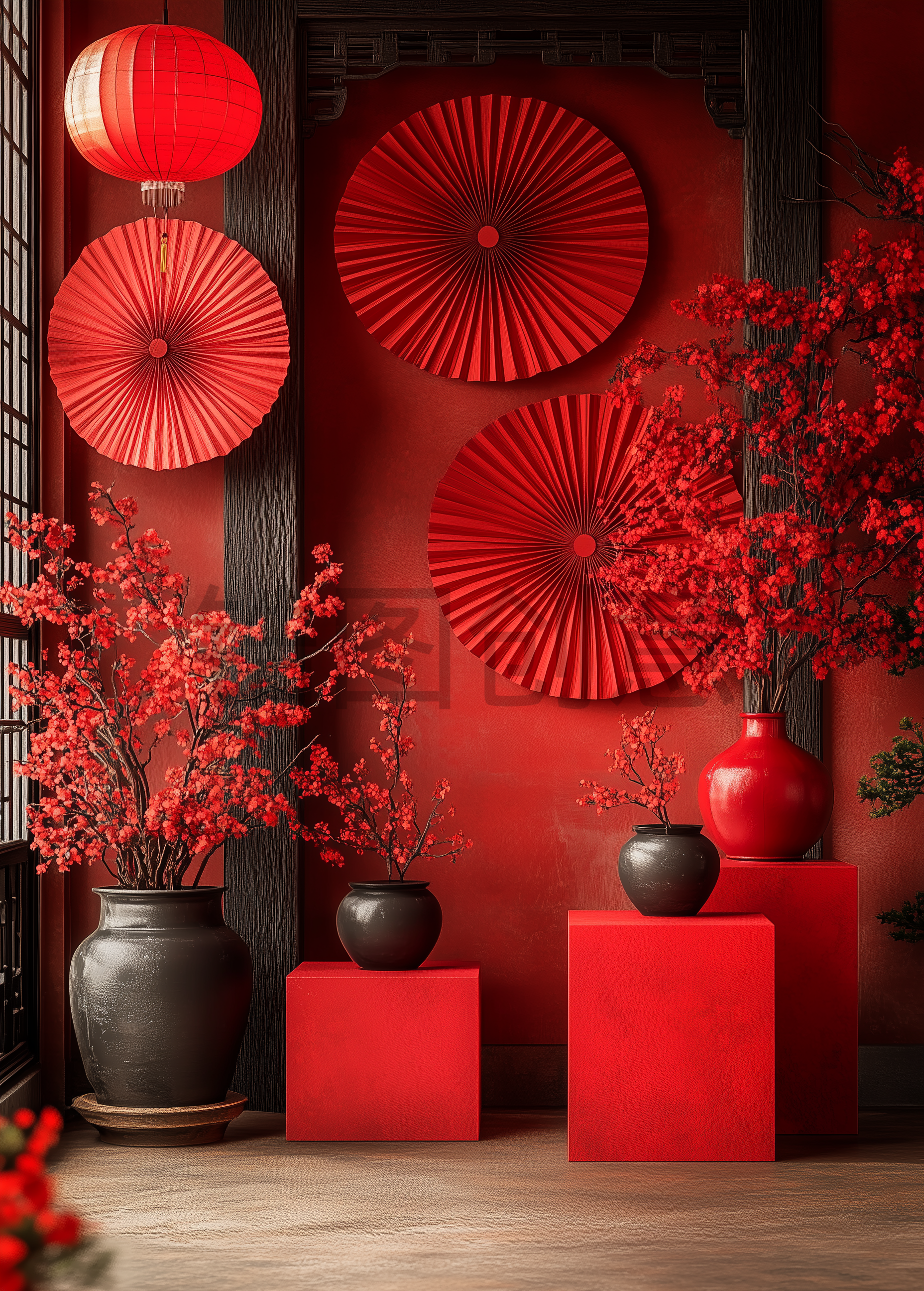 红色中国风喜庆纸扇插花灯笼氛围场景