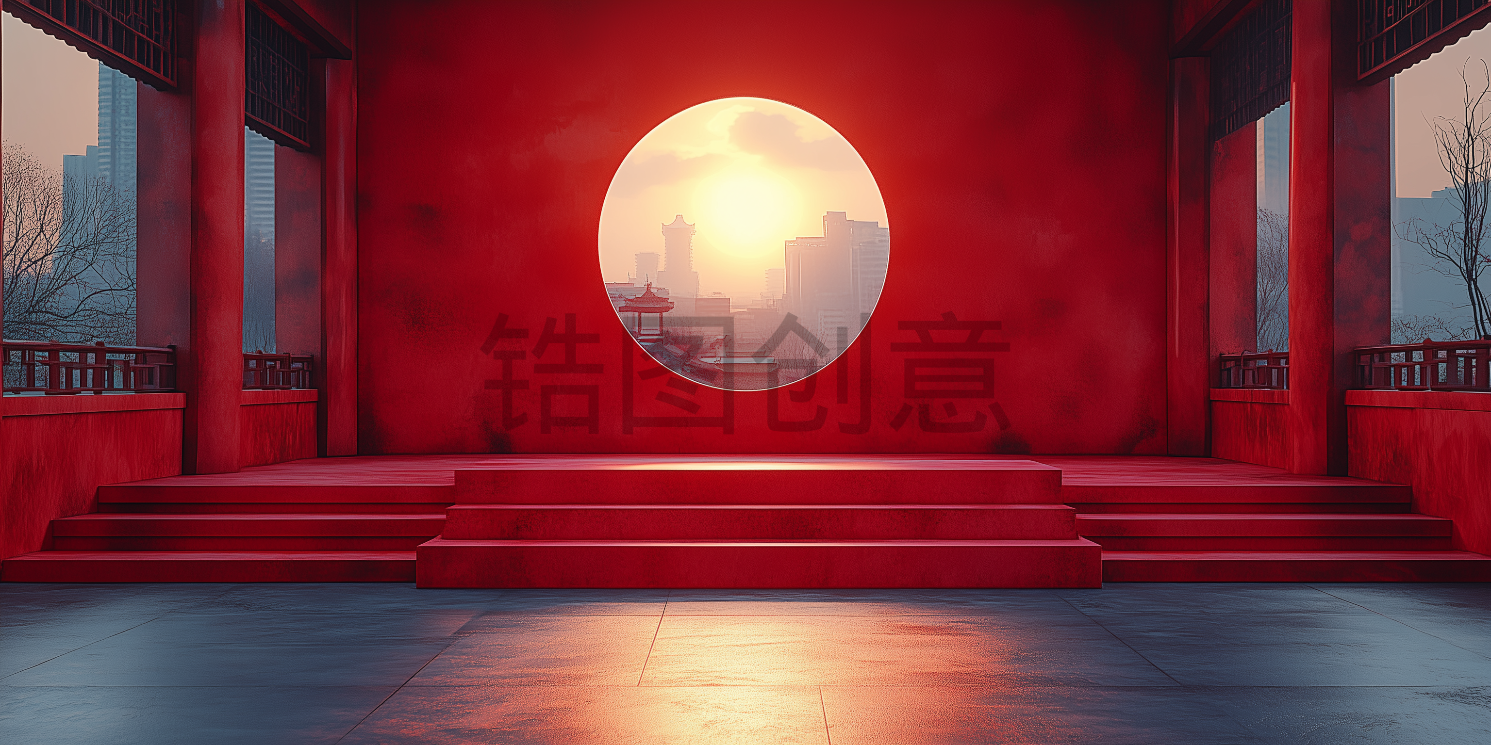 红色中国风亭台3D场景背景