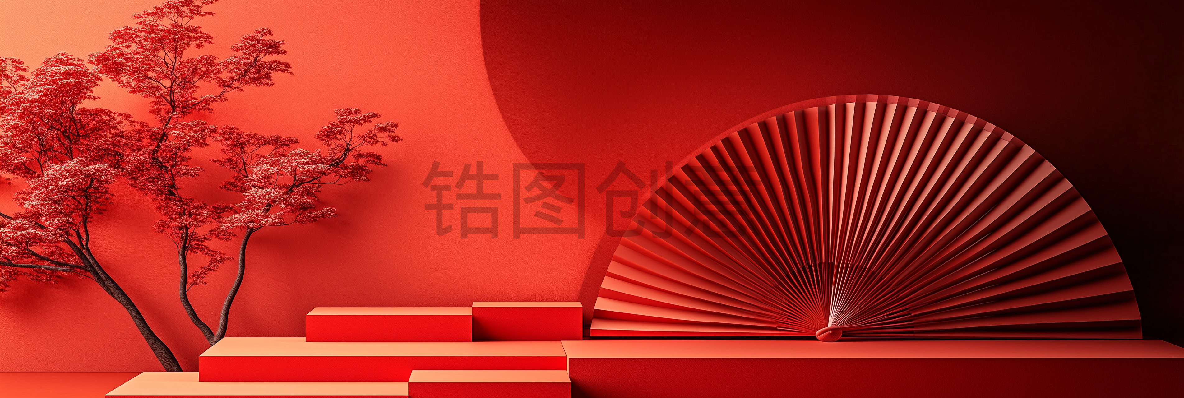 红色扇面中国风展台3D场景背景