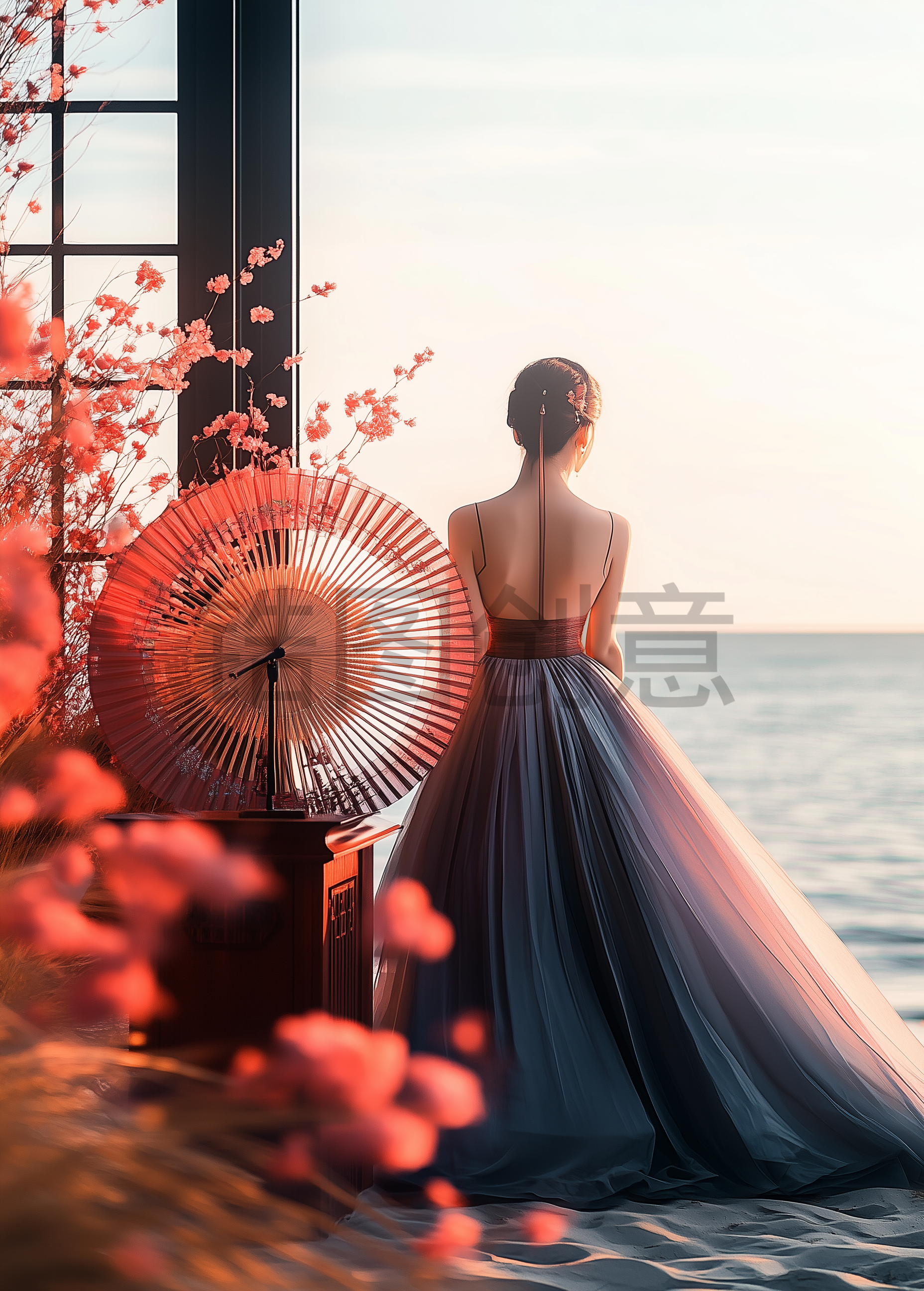 女人背影海边拍摄中国风背景